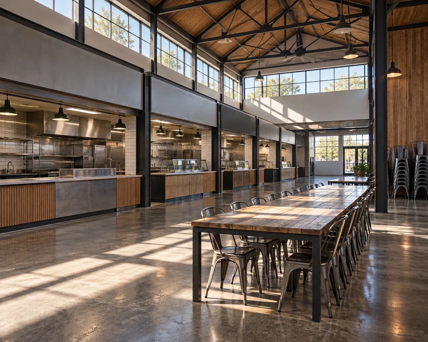 An empty food-hall interior with bare vendor counters, stacked chairs and daylight through high windows
