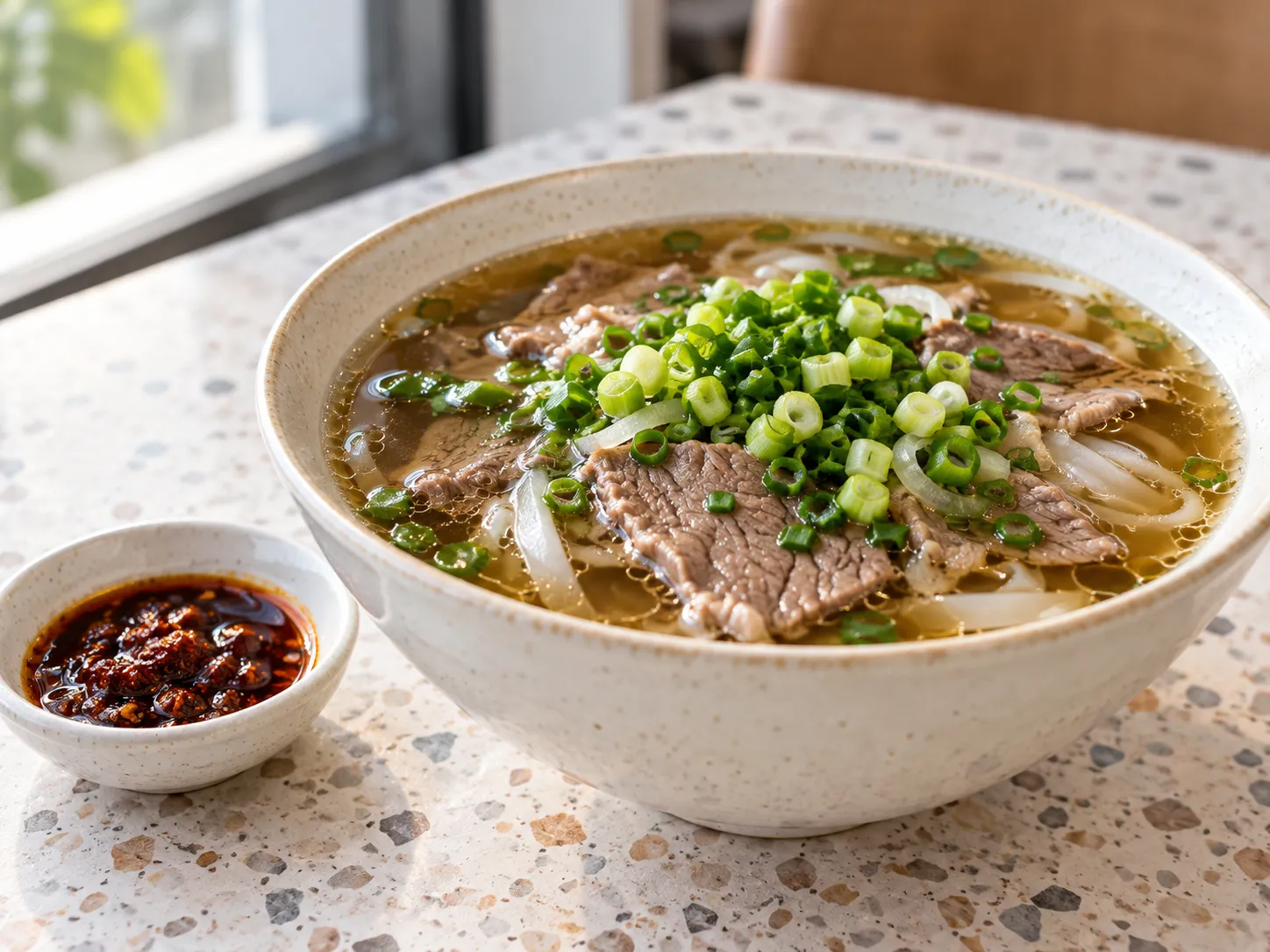 A bowl of northern-style pho with clear broth, sliced beef and a small dish of chilli sauce beside it on a pale table