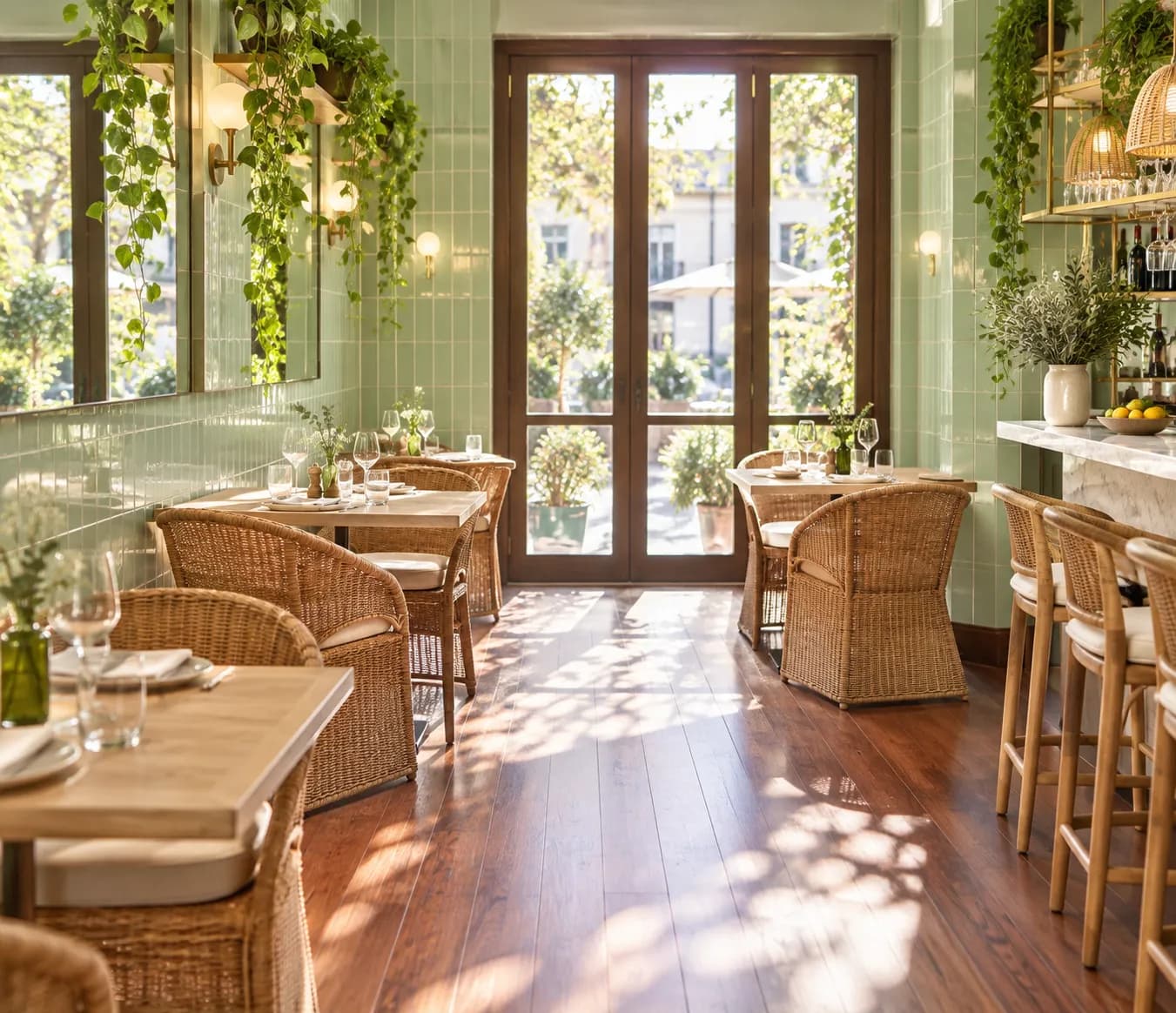 A bright modern restaurant interior with pale tiled walls, plants and light wood tables under large windows