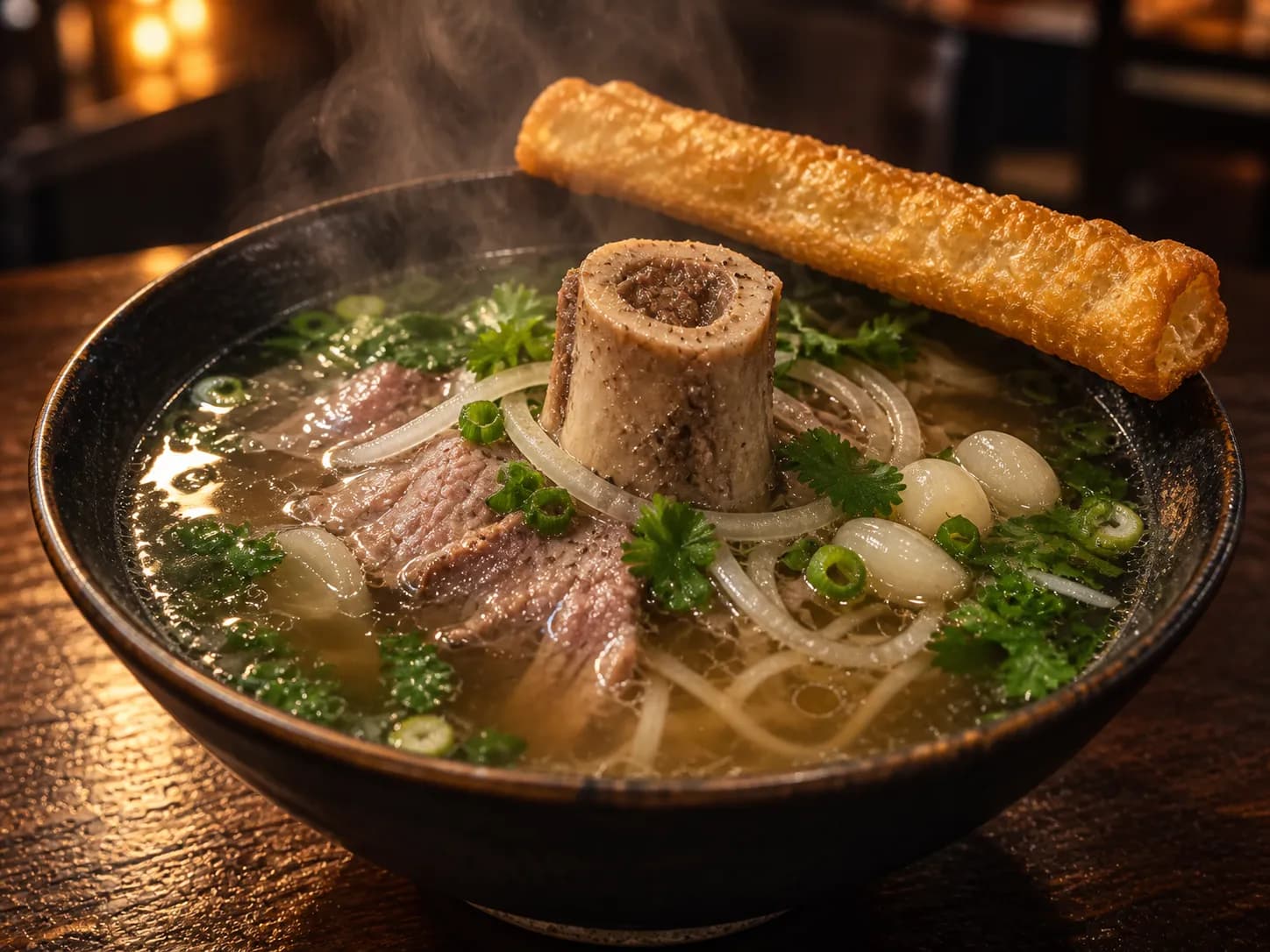 A bowl of clear peppery pho with a marrow bone standing in it and a crisp fried breadstick balanced across the rim