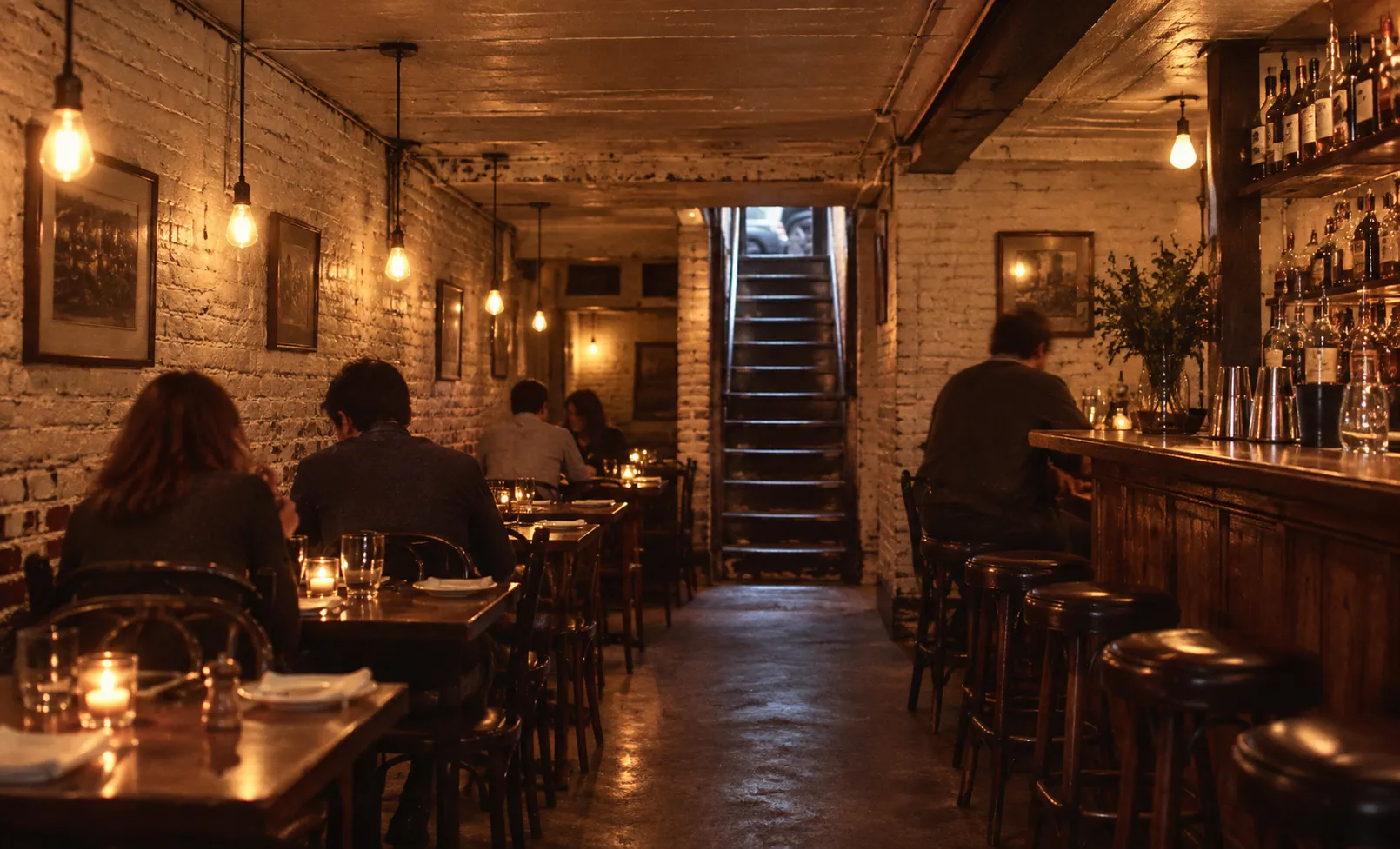 A narrow basement restaurant with a low ceiling, exposed brick, warm hanging lights and closely spaced tables