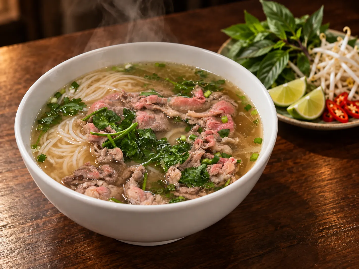 A large bowl of pho with clear brown broth, rice noodles, sliced beef and a pile of herbs on a plate beside it