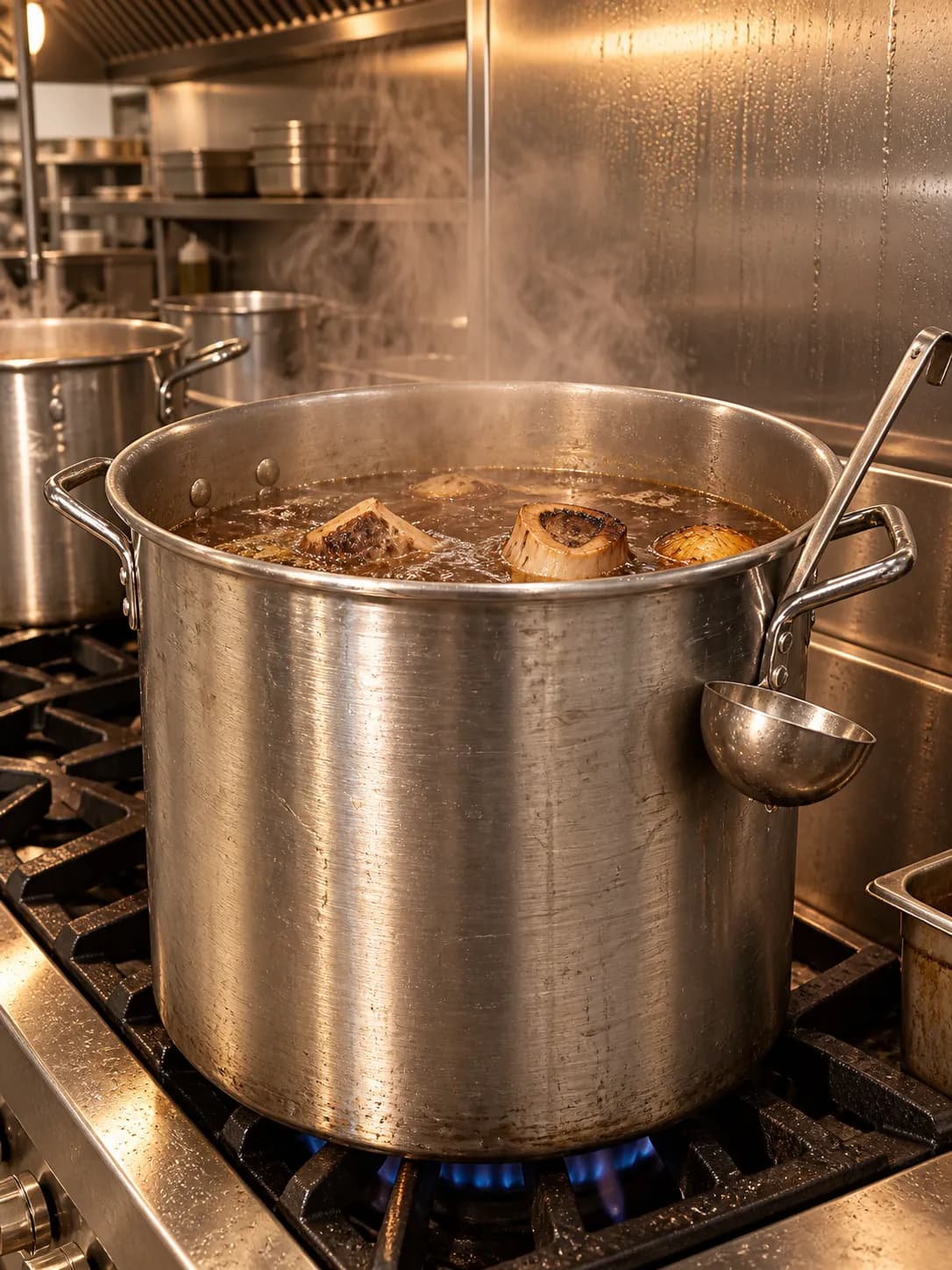 A stockpot of broth simmering with bones and charred onion visible, steam rising in a restaurant kitchen