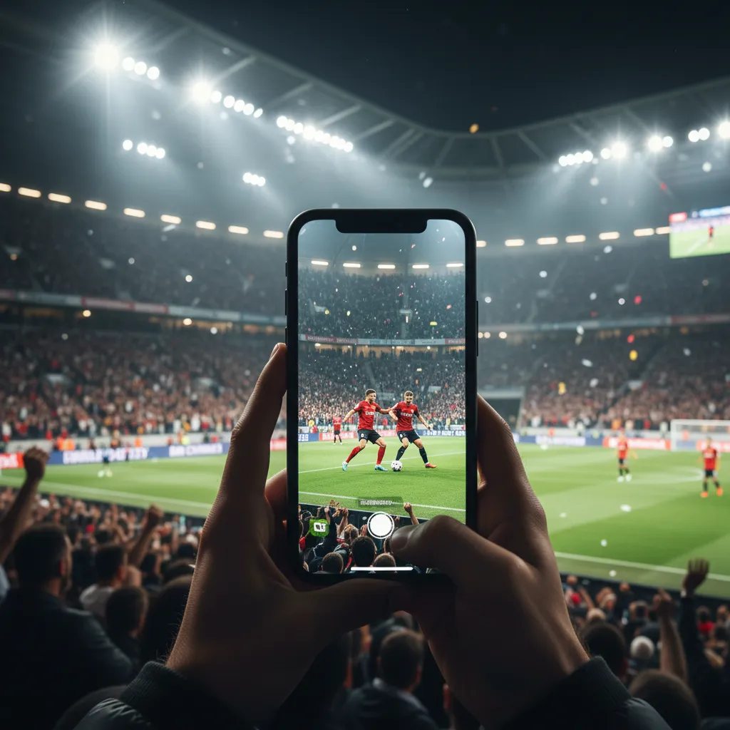 A fan records a World Cup match on their smartphone in a packed stadium