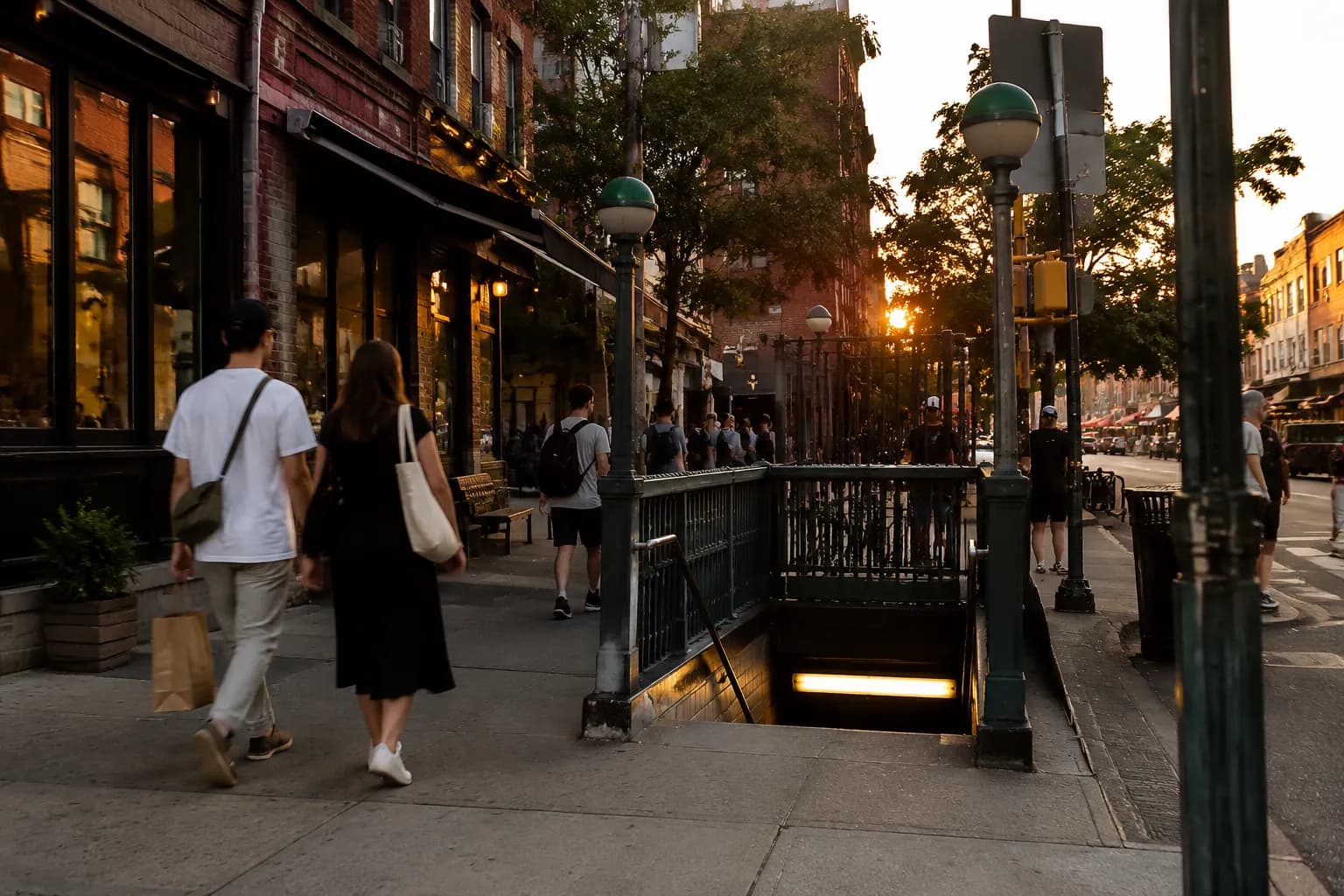 Bedford Avenue L train station entrance in Williamsburg at dusk with pedestrians and brick storefronts