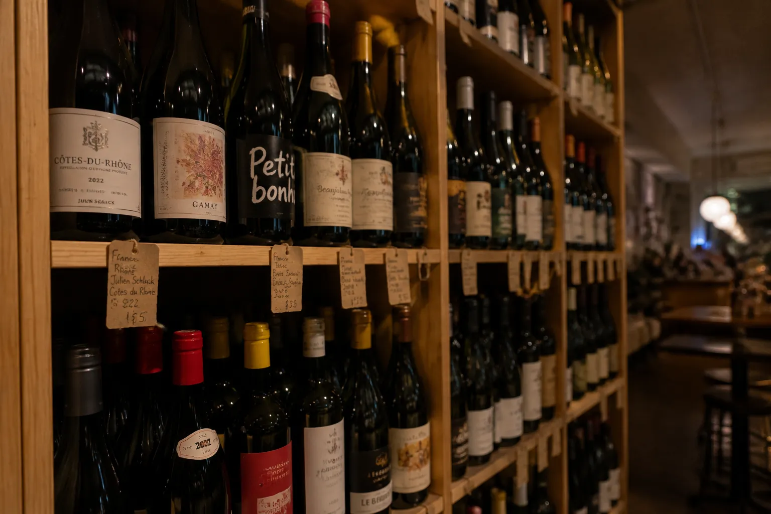 Wine bottles on wooden shelves in a Brooklyn wine bar with handwritten tags and soft lighting