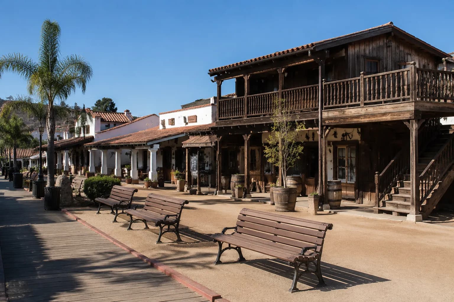 Temecula Old Town plaza with wooden boardwalk and historic storefronts on a summer afternoon