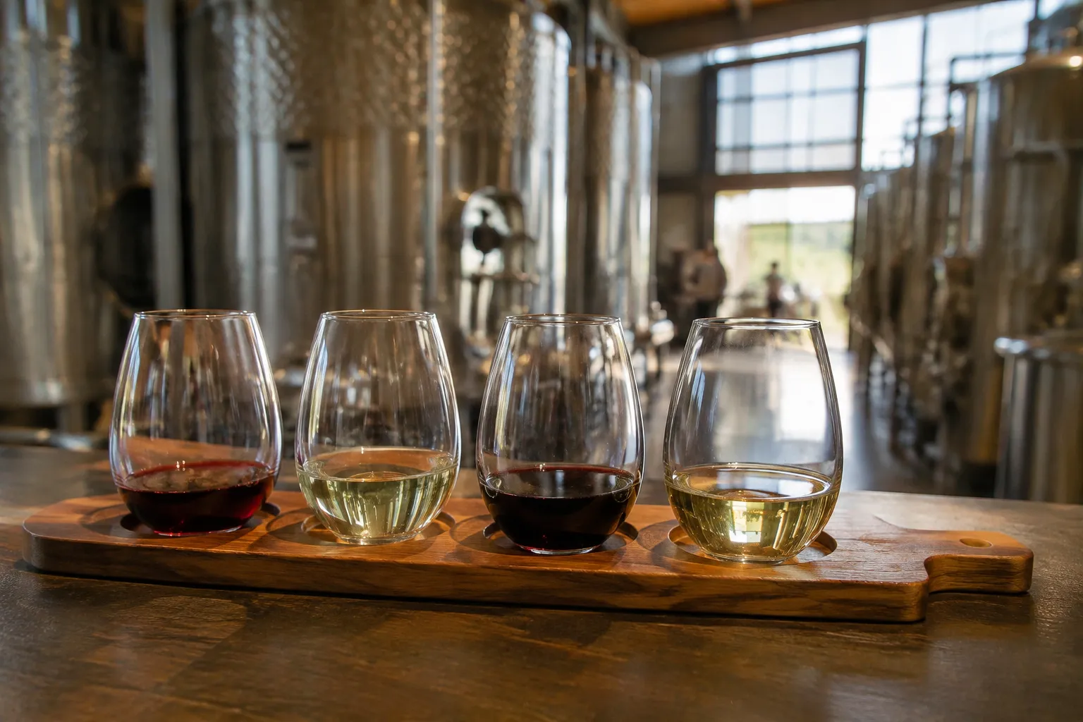 Wine tasting flight on wooden paddle with stainless steel tanks in background at urban winery