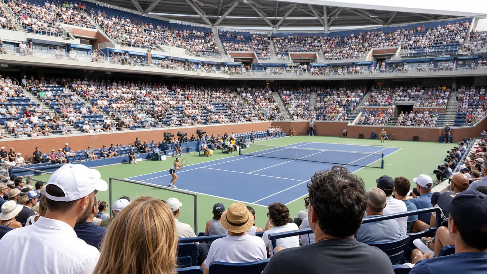 Photorealistic US Open tennis scene for Best Arthur Ashe Stadium Seats for Every Fan Budget.