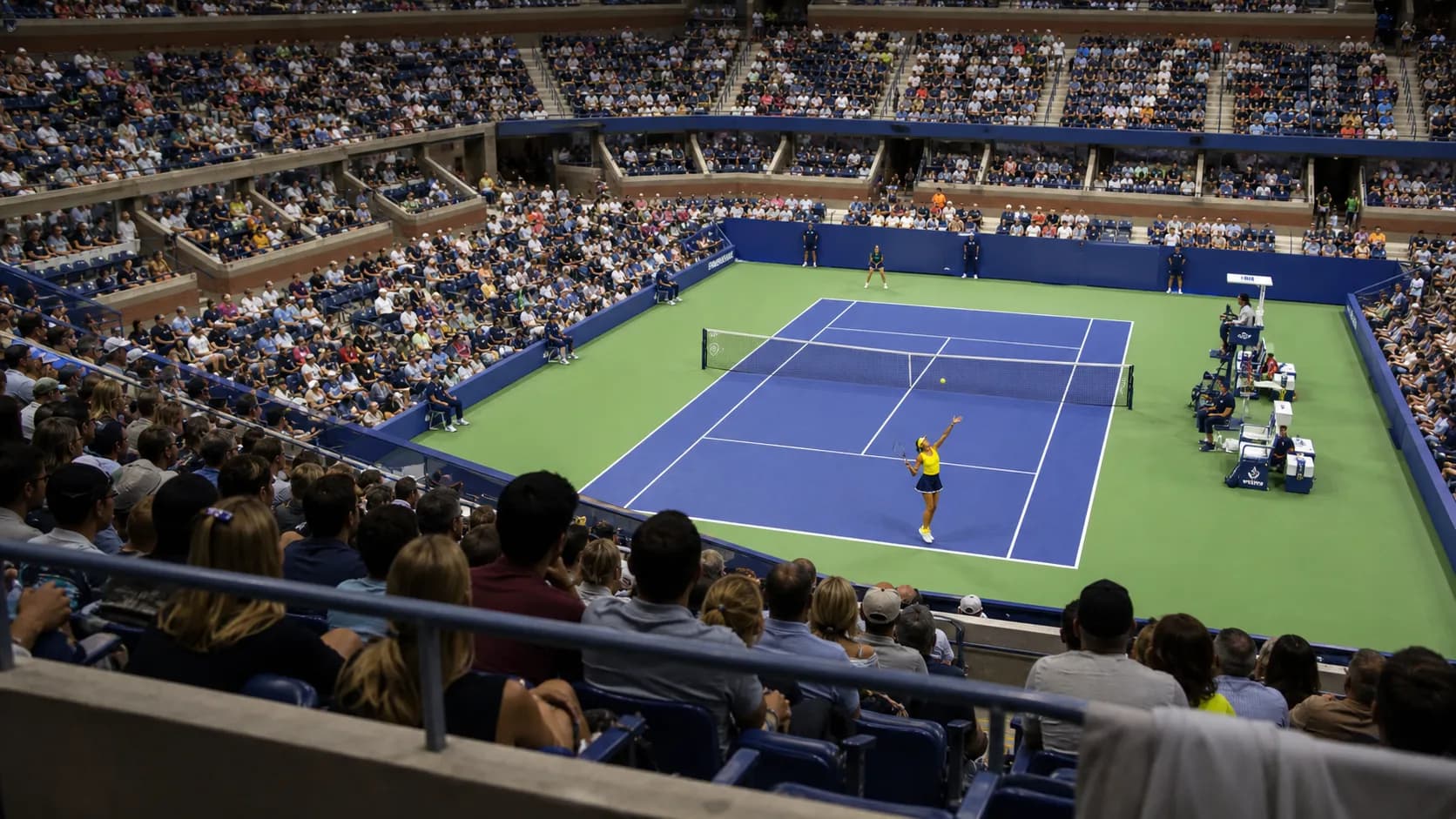 Photorealistic tennis scene illustrating Best Arthur Ashe Stadium Seats for Every Fan Budget.