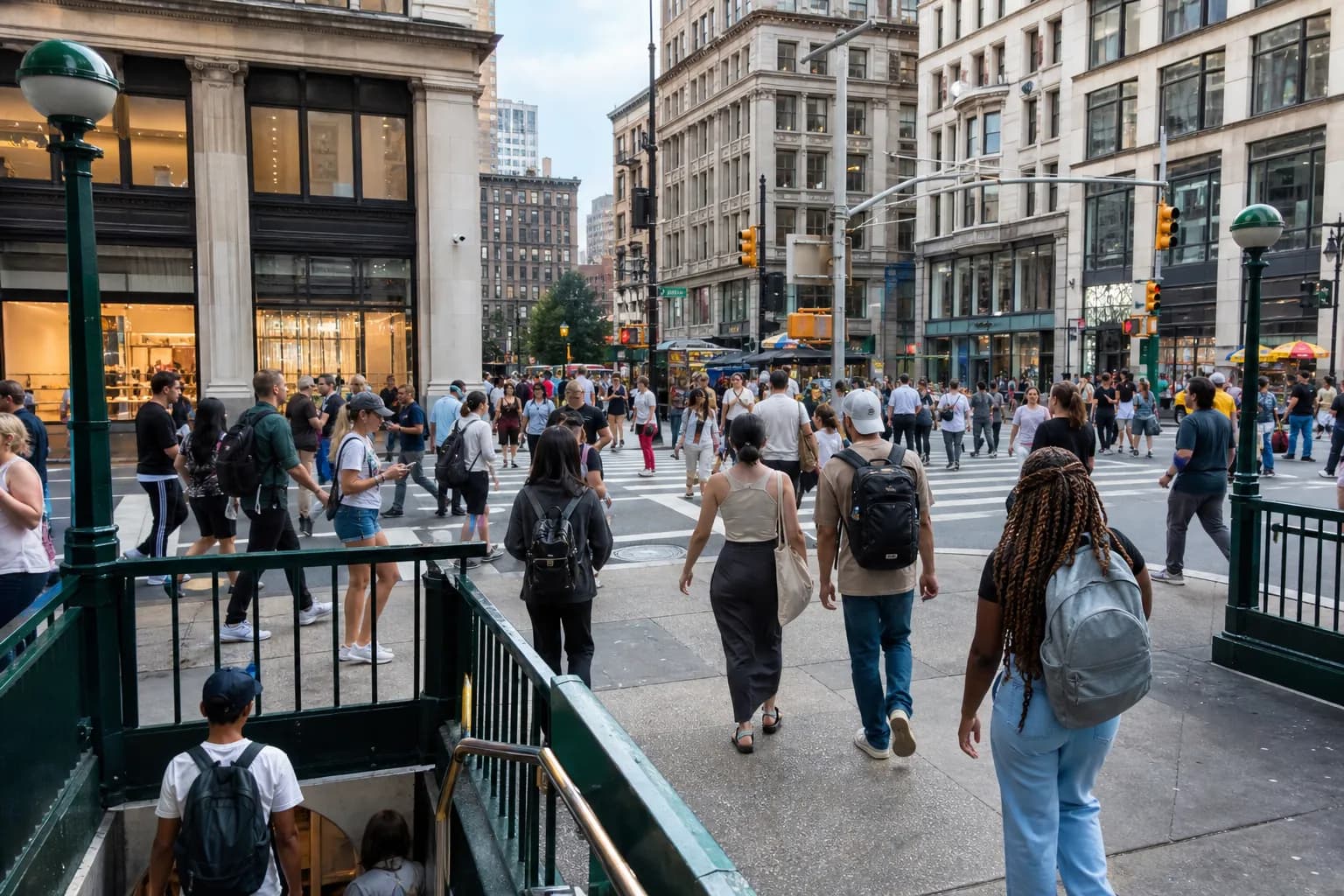 Union Square subway entrance with nearby storefronts on a busy school shopping block