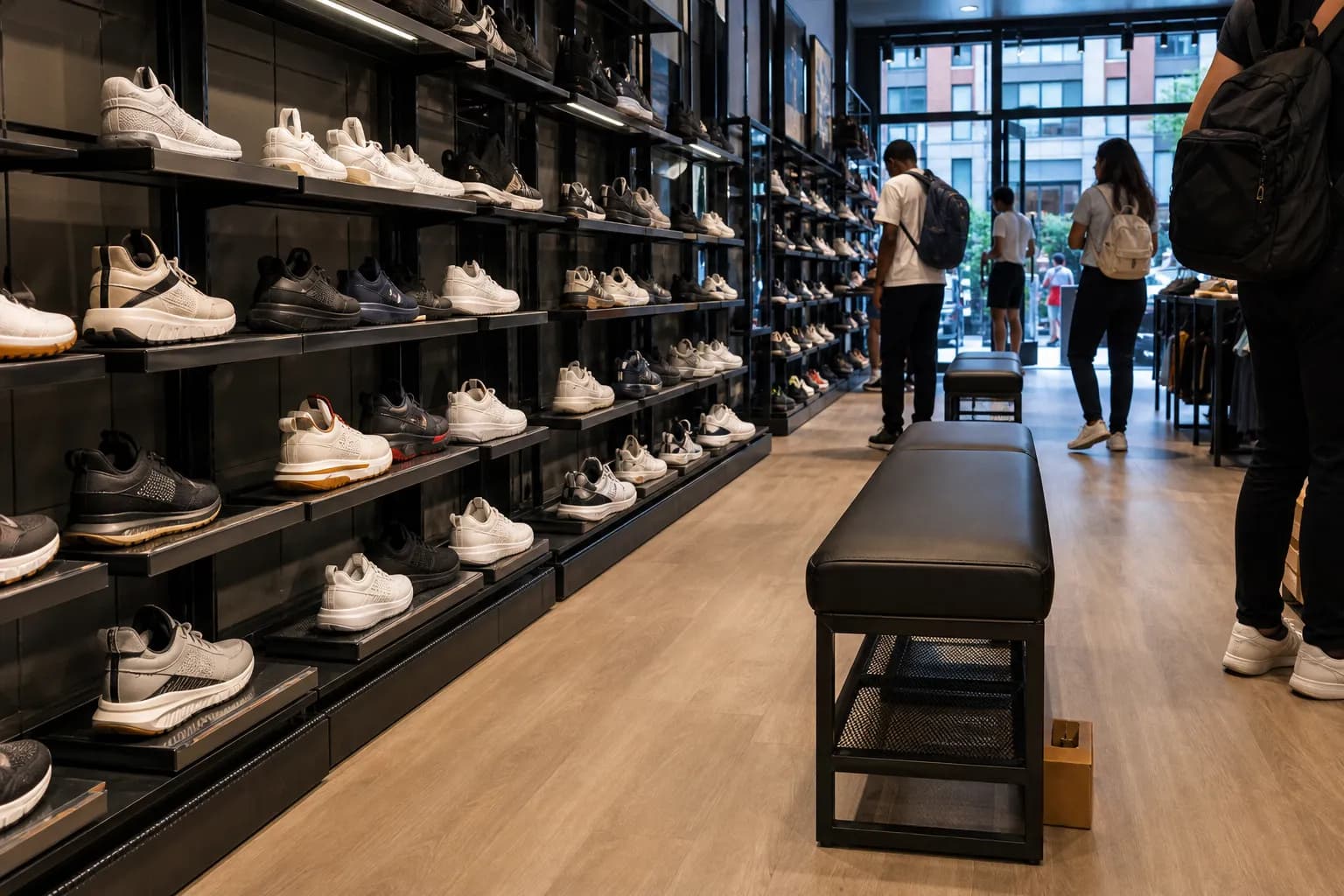 Shoe store interior with rows of durable kids sneakers and fitting benches
