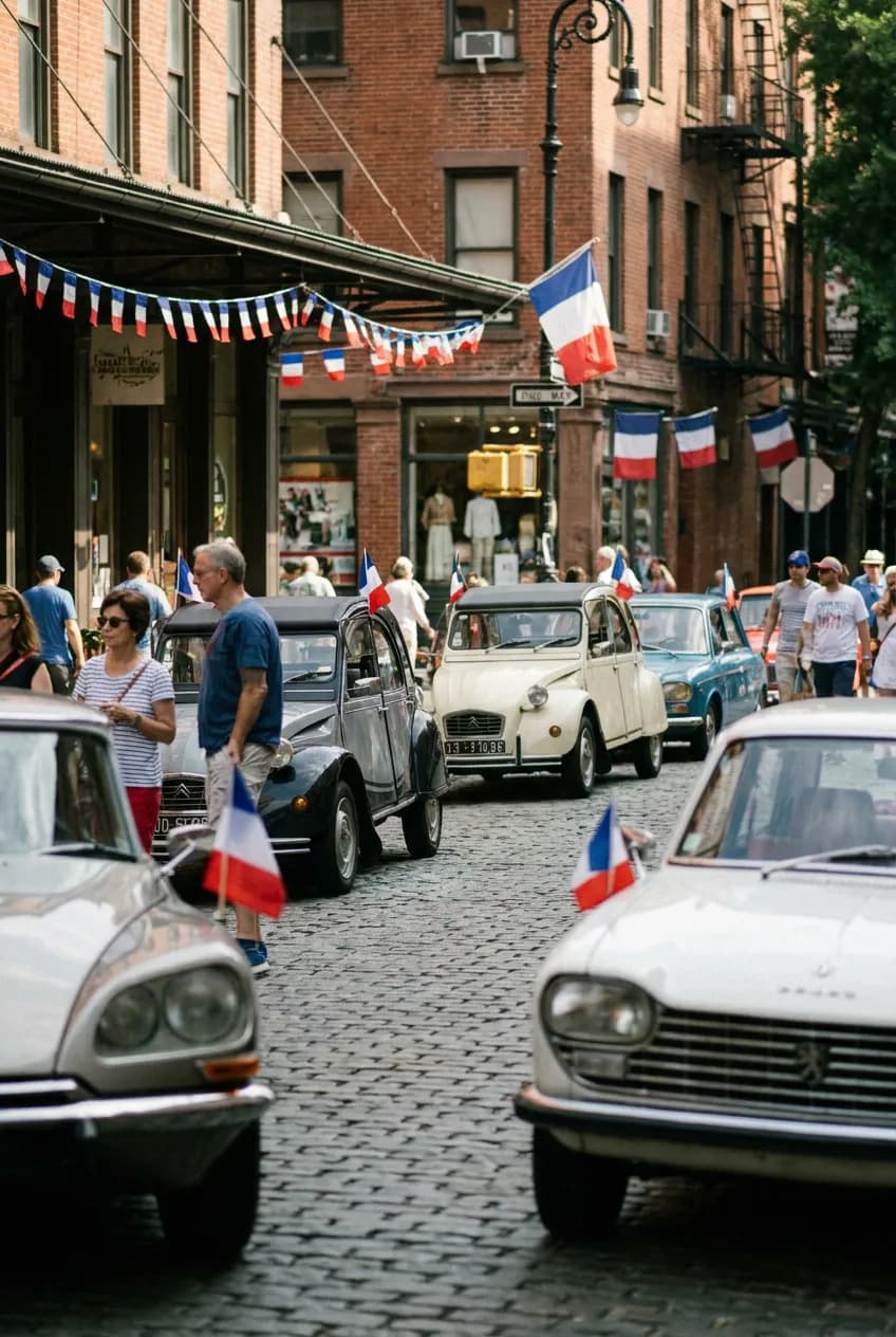 Classic French car rally scene at NYC Bastille Day