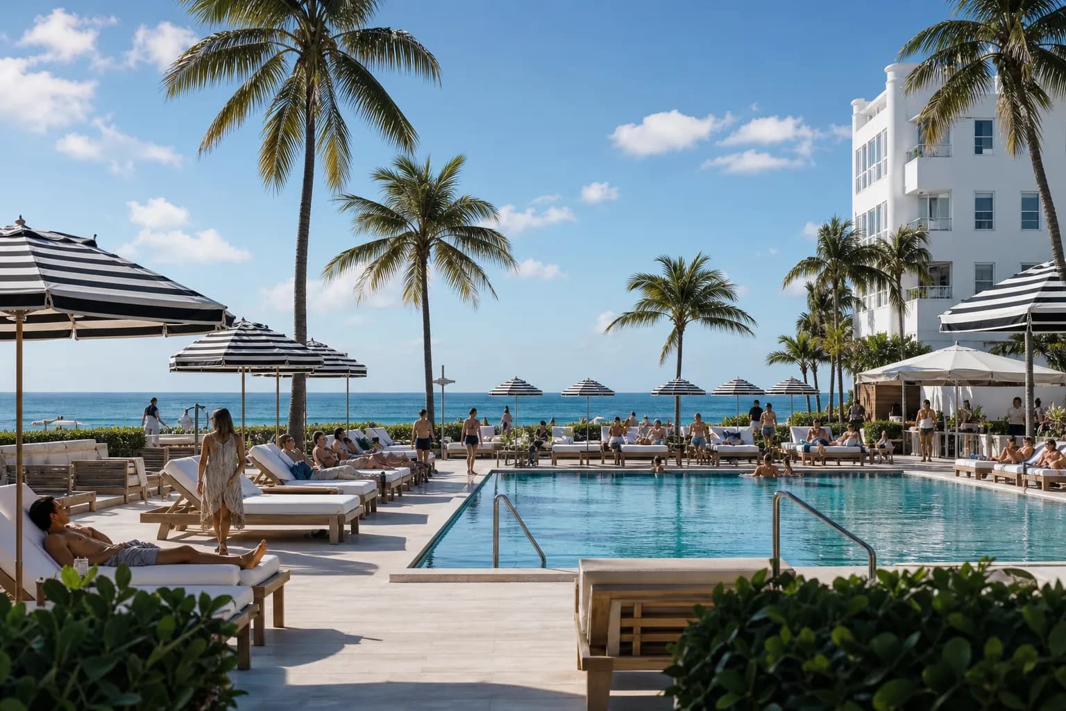 Sunlit South Beach pool deck with loungers, palms, and ocean breeze