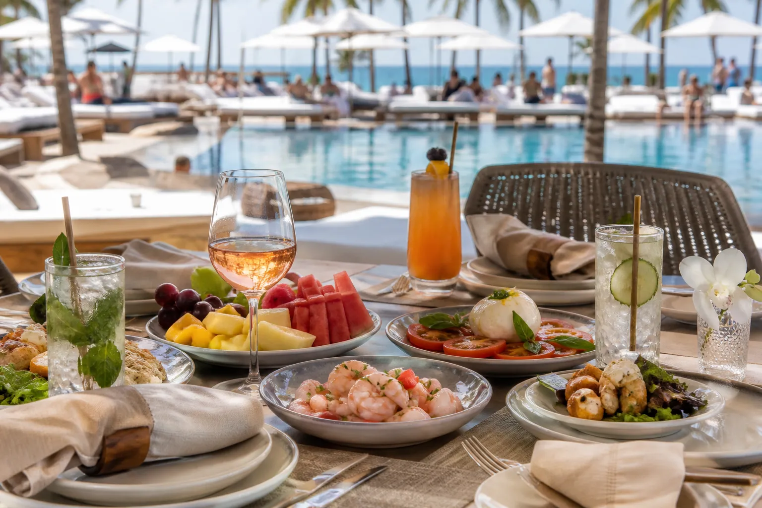 Brunch table with tropical drinks and light poolside dishes