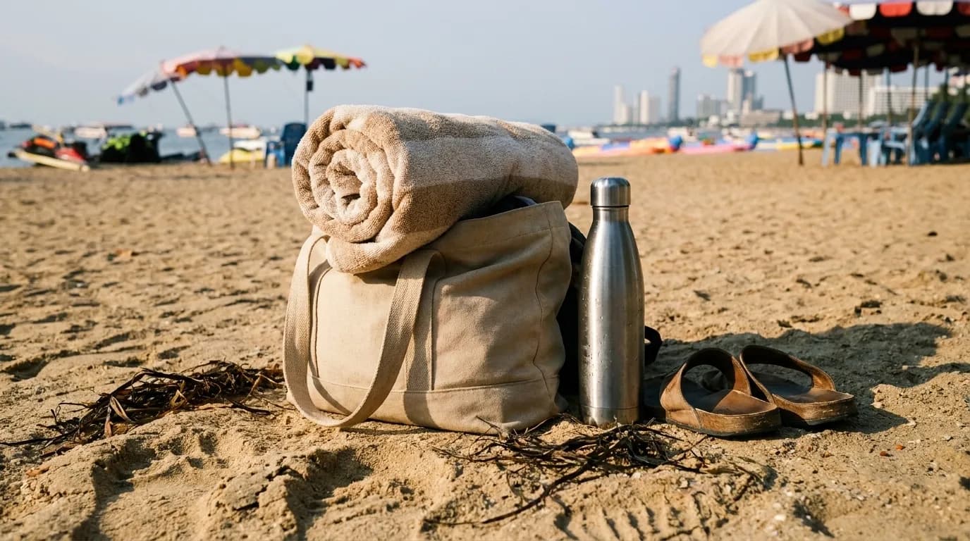 A close view of a packed canvas beach bag on sand with a towel rolled on top, a water bottle and sandals beside it, dry seaweed and footprints around