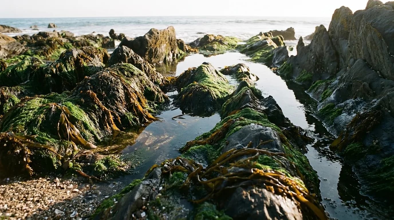 A close view of a wet rock arch and tide-pool boulders on a Malibu beach at low tide, kelp and dark shining stone in the foreground with soft late-afternoon light behind