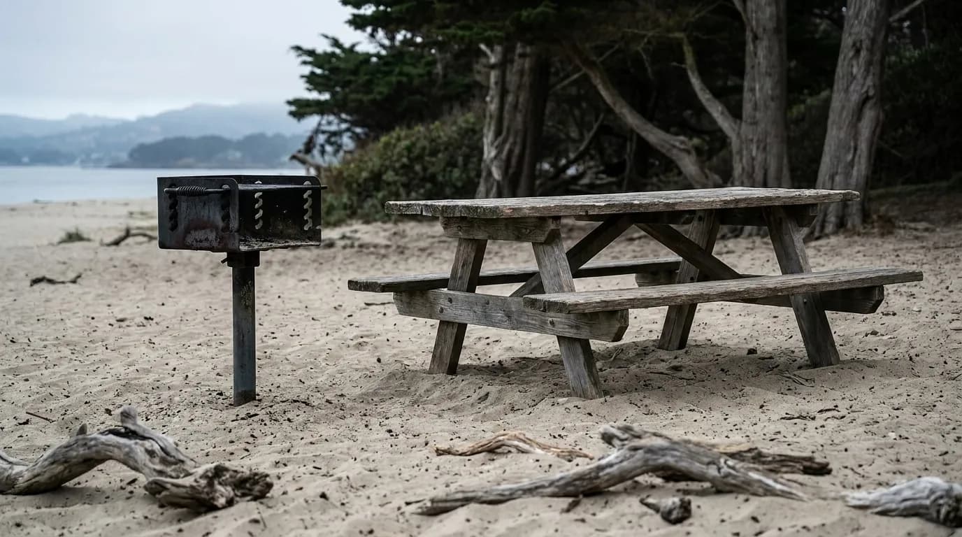 A close view of a driftwood fire ring and a weathered picnic table on sand at the edge of a beach, cypress trees behind and cold light on the dunes
