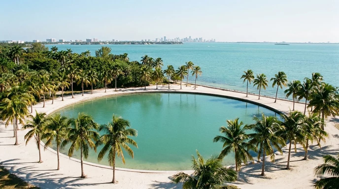 A calm circular tidal pool ringed by sand and palms with a bay and distant city skyline behind it