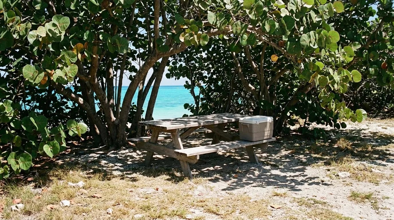 A picnic table under sea grape trees with a cooler beside it and dappled shade across the grass