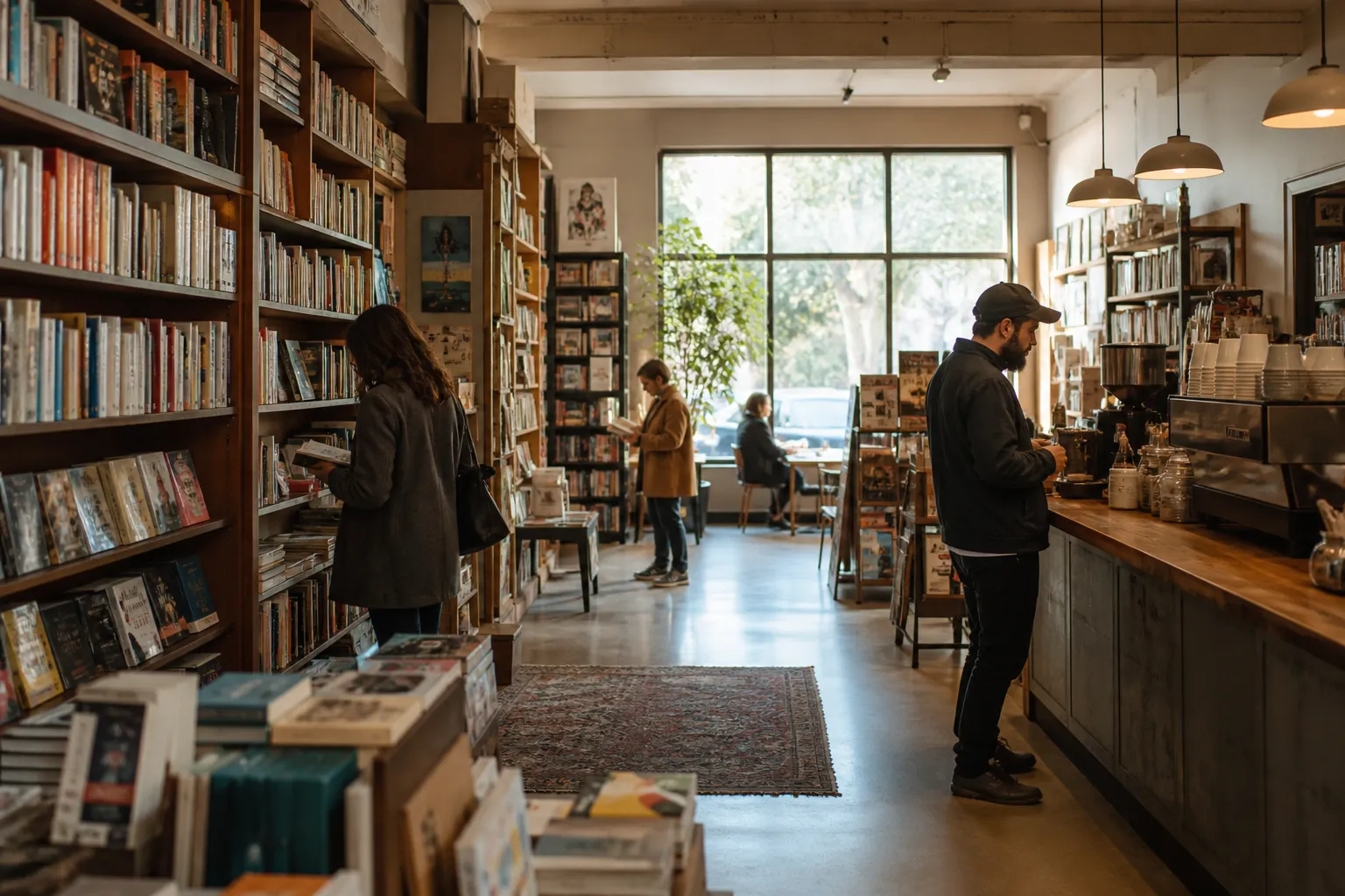 Coffee counter with pastries and books in a Pasadena cafe