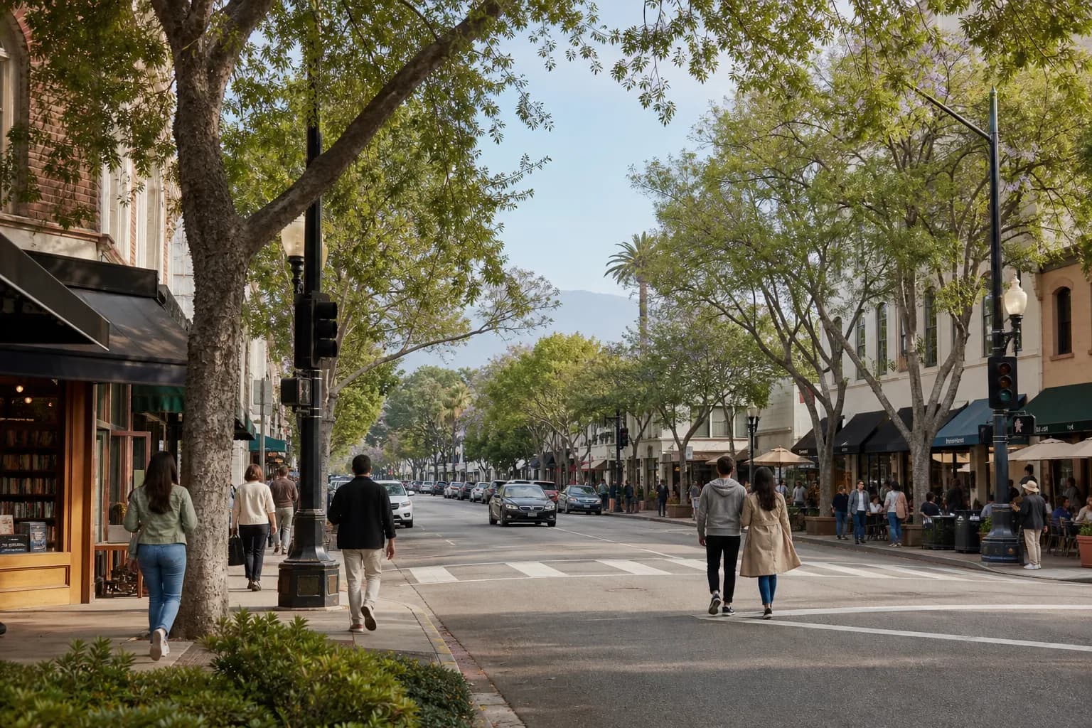 Tree-lined Pasadena block with people walking between bookstores and cafes