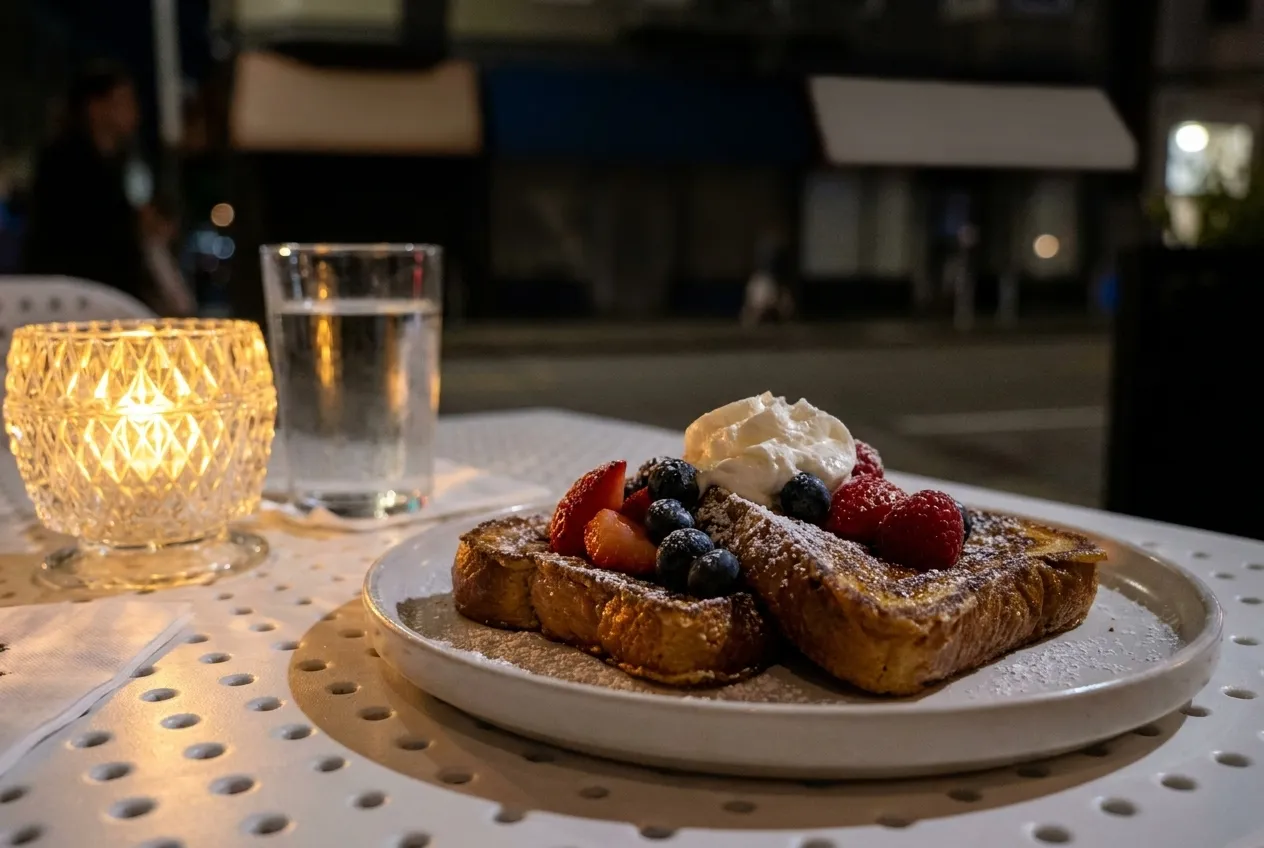 A plate of French toast with fruit on a bistro table