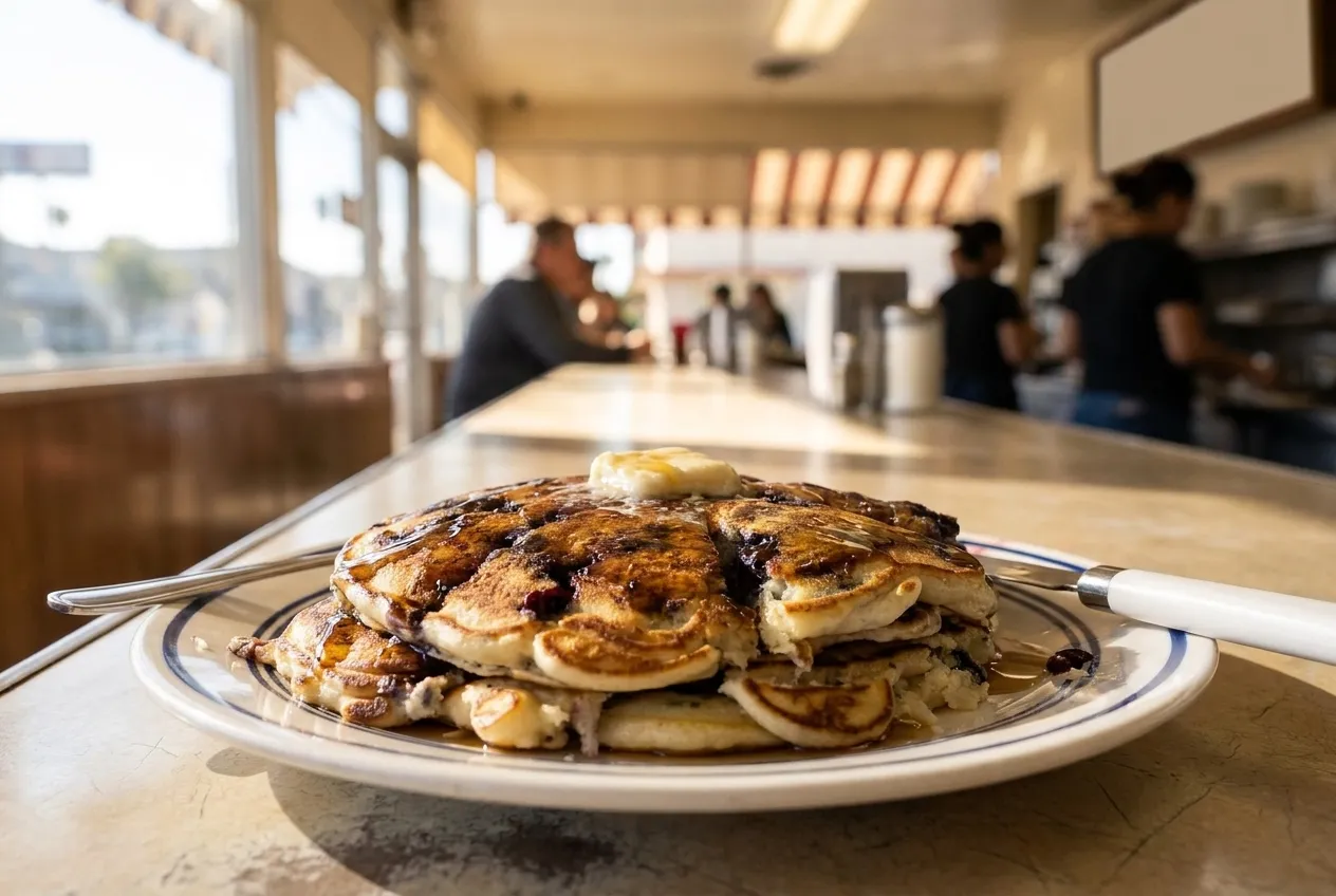 Pancakes with butter and syrup on a diner plate