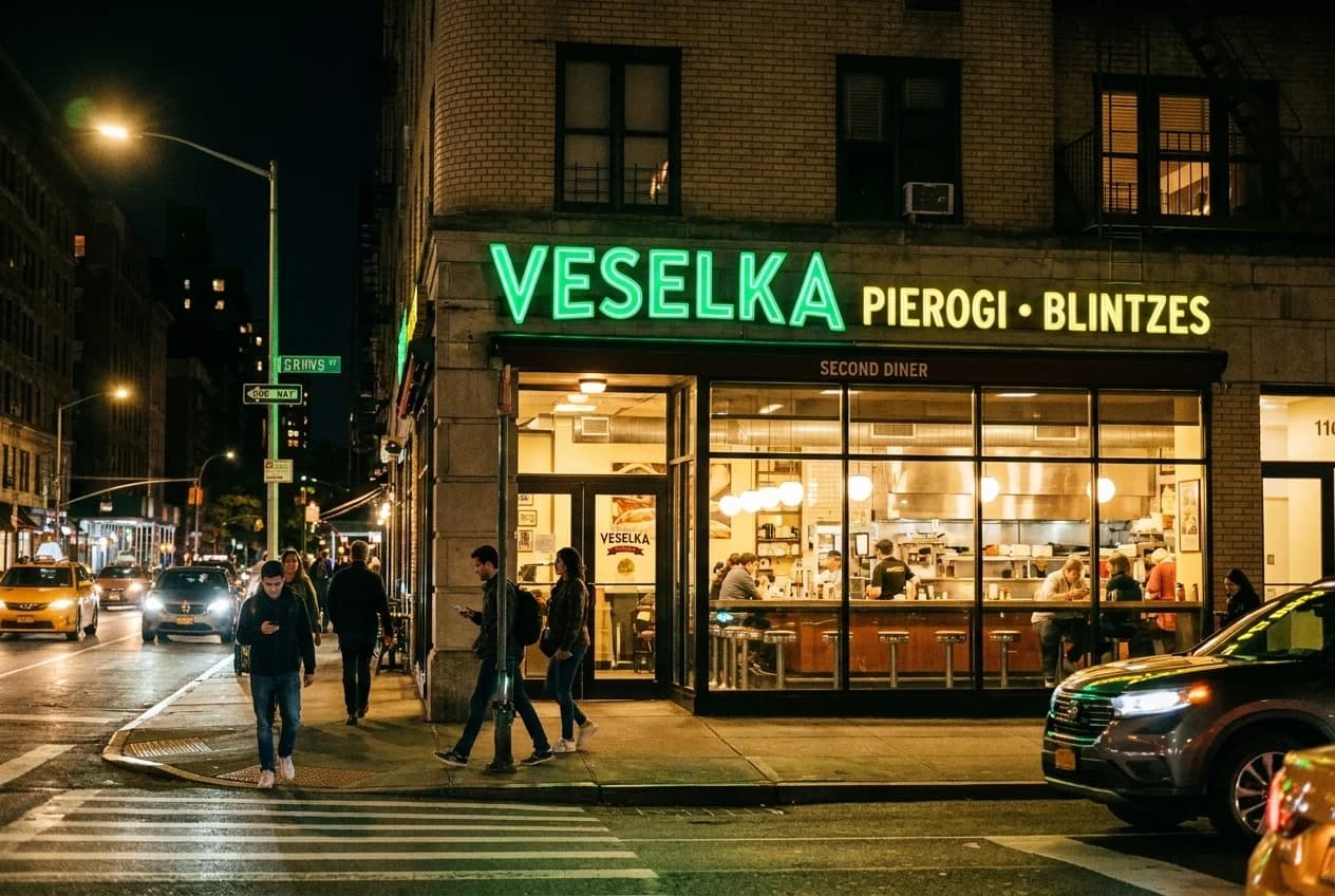 Veselka diner on Second Avenue in East Village at night with green neon sign and lit windows showing interior