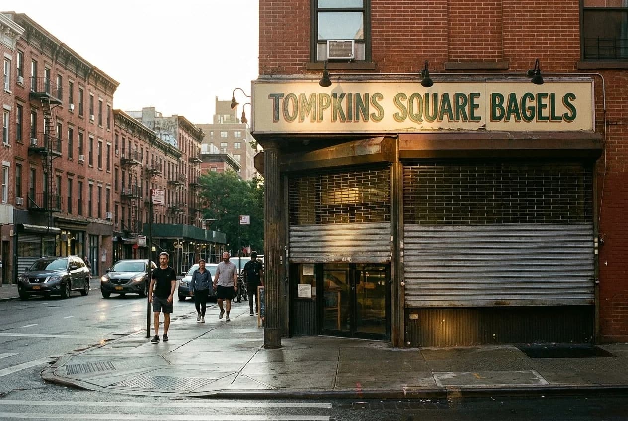 Tompkins Square Bagels storefront on Avenue A in the East Village at early morning with metal gate opening