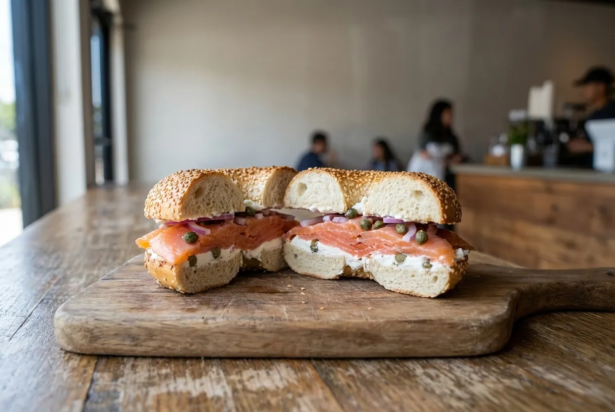 A bagel sandwich with cured salmon and cream cheese cut in half on a board