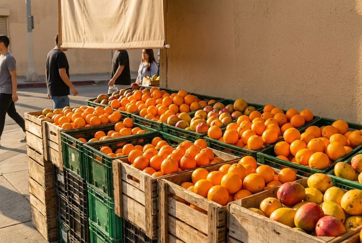 A fruit stand with crates of citrus and mangoes on a street corner