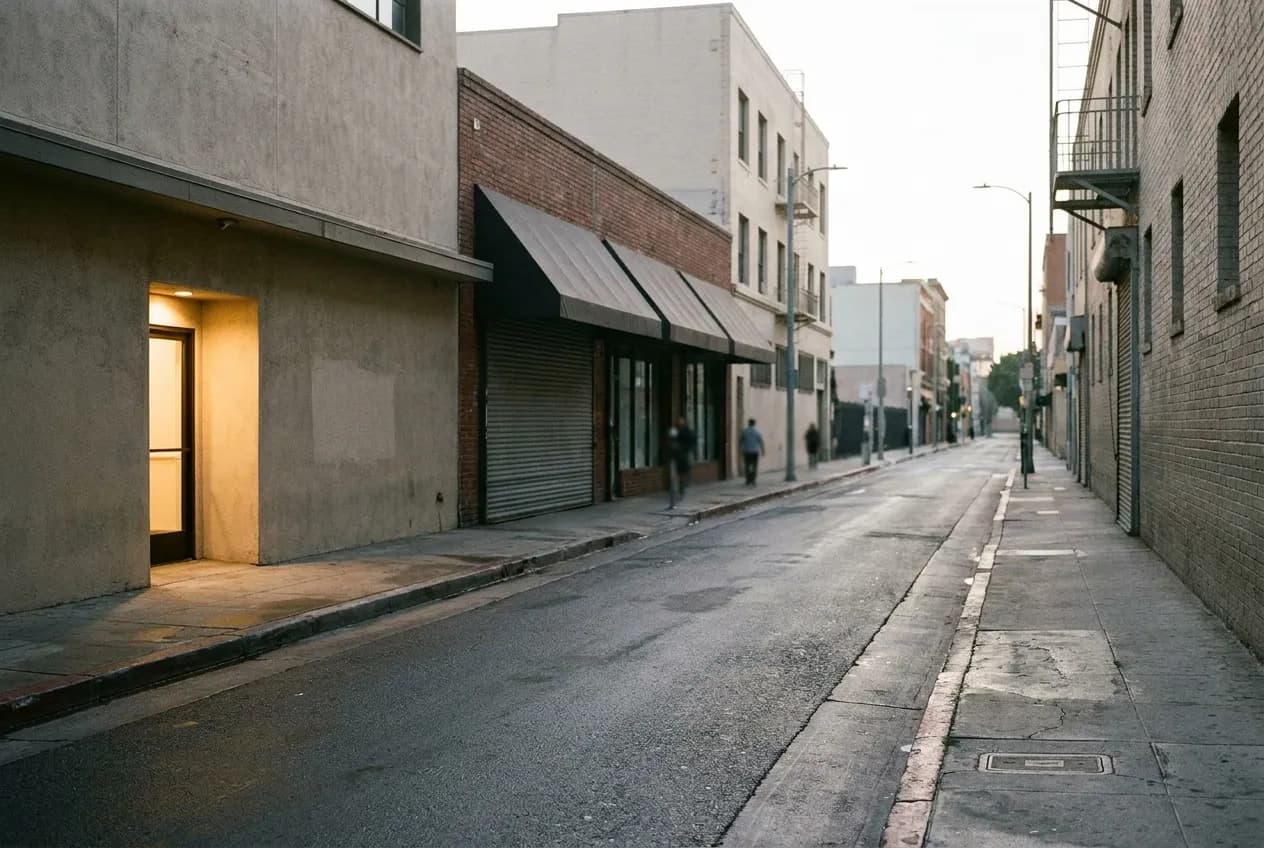 An empty Los Angeles street before sunrise with a single lit doorway