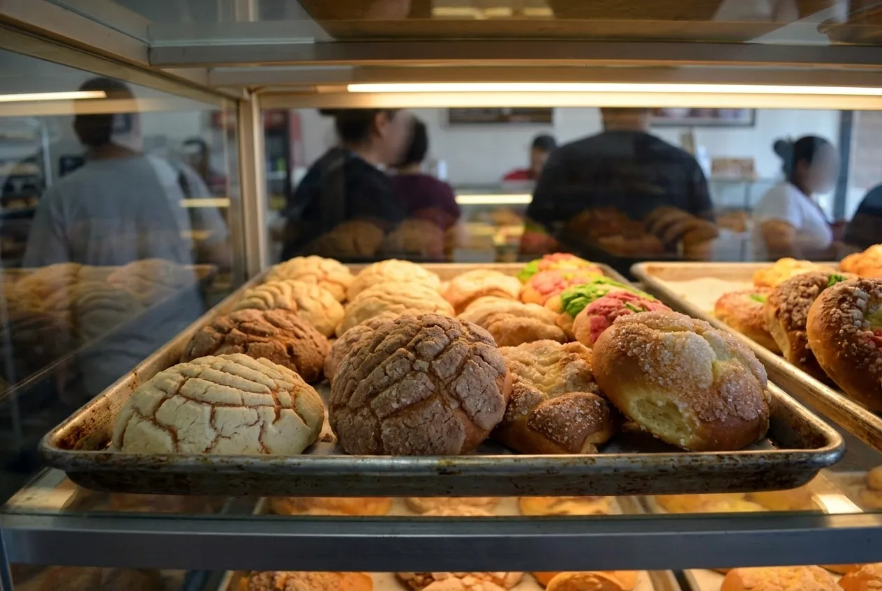 A tray of pan dulce and conchas under bakery case lights