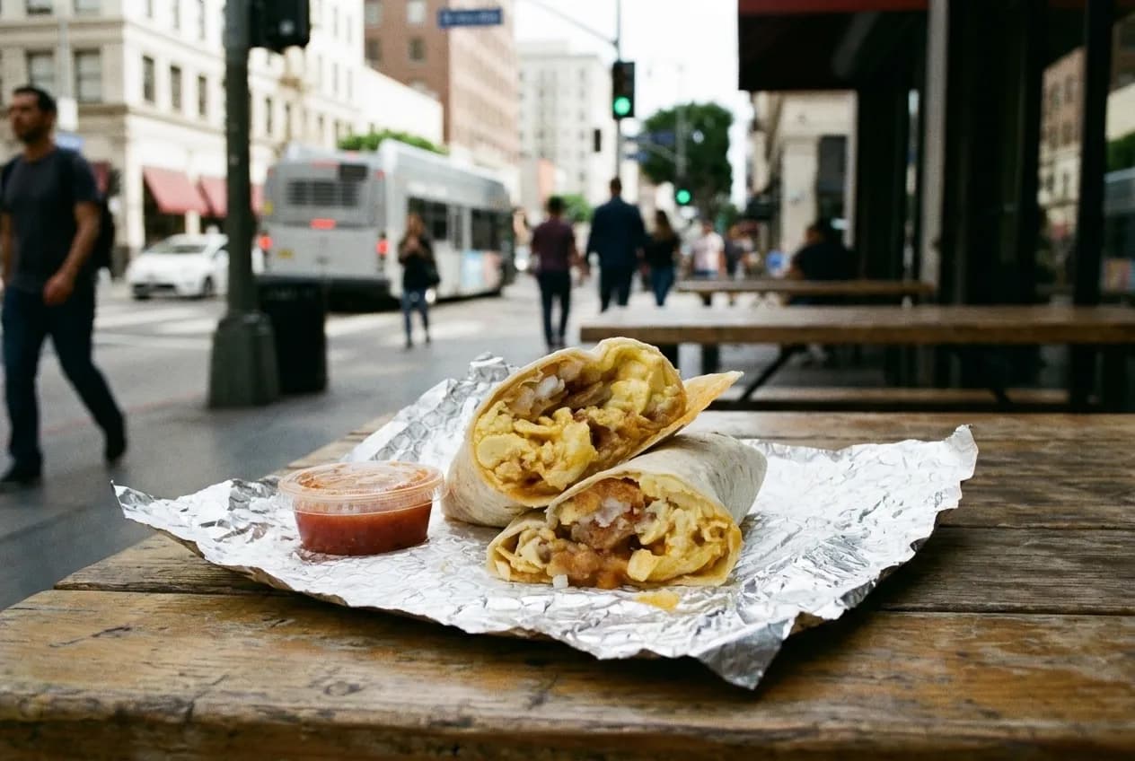 A breakfast burrito cut open on foil showing eggs, potato and cheese