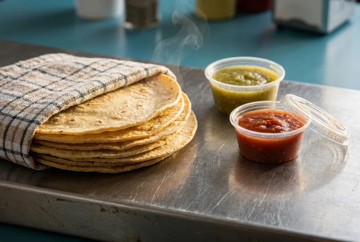 Two salsa containers and a stack of warm tortillas on a steel counter