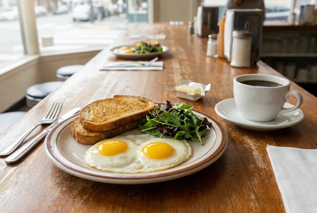 A plate of eggs, toast and greens on a diner counter with a coffee cup beside it