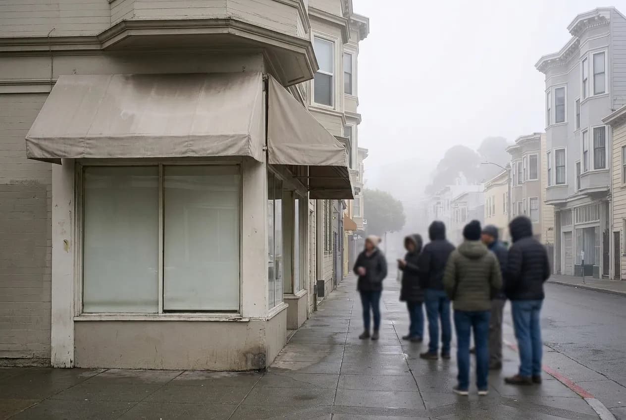 A foggy San Francisco morning street with a small bakery storefront and a short queue on the pavement