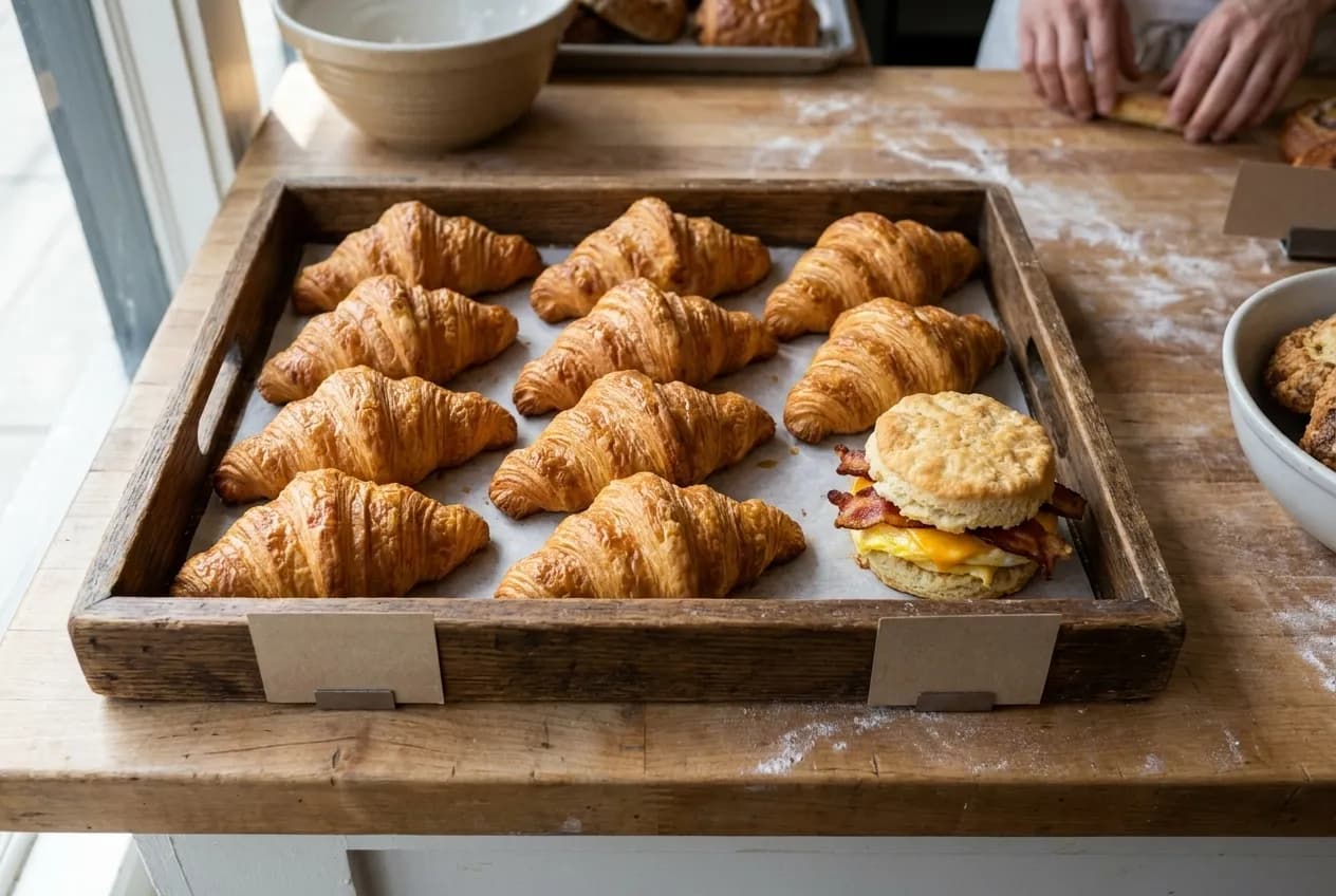 A tray of freshly baked croissants and a buttermilk biscuit sandwich on a bakery counter