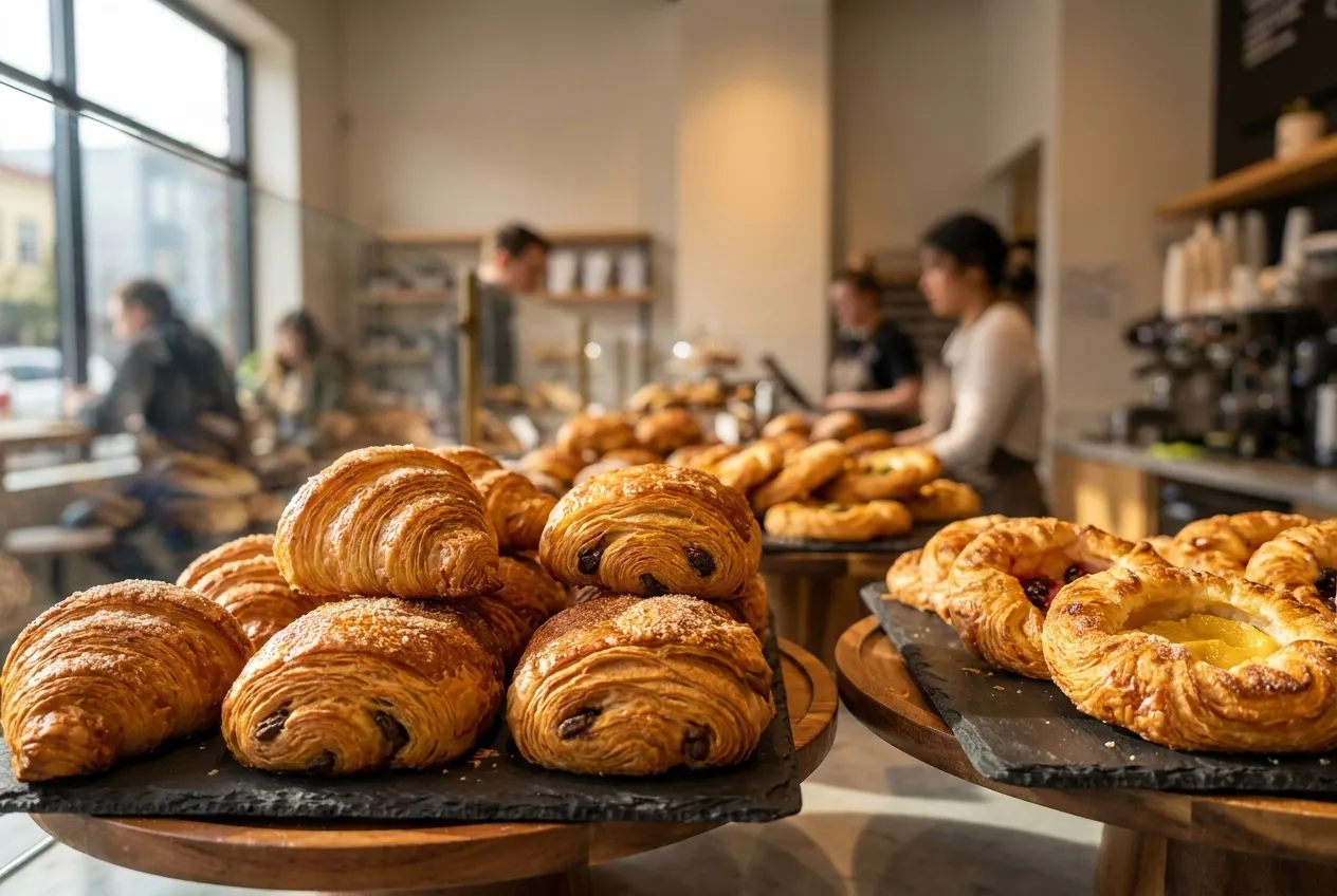 A pastry case with laminated pastries under warm light