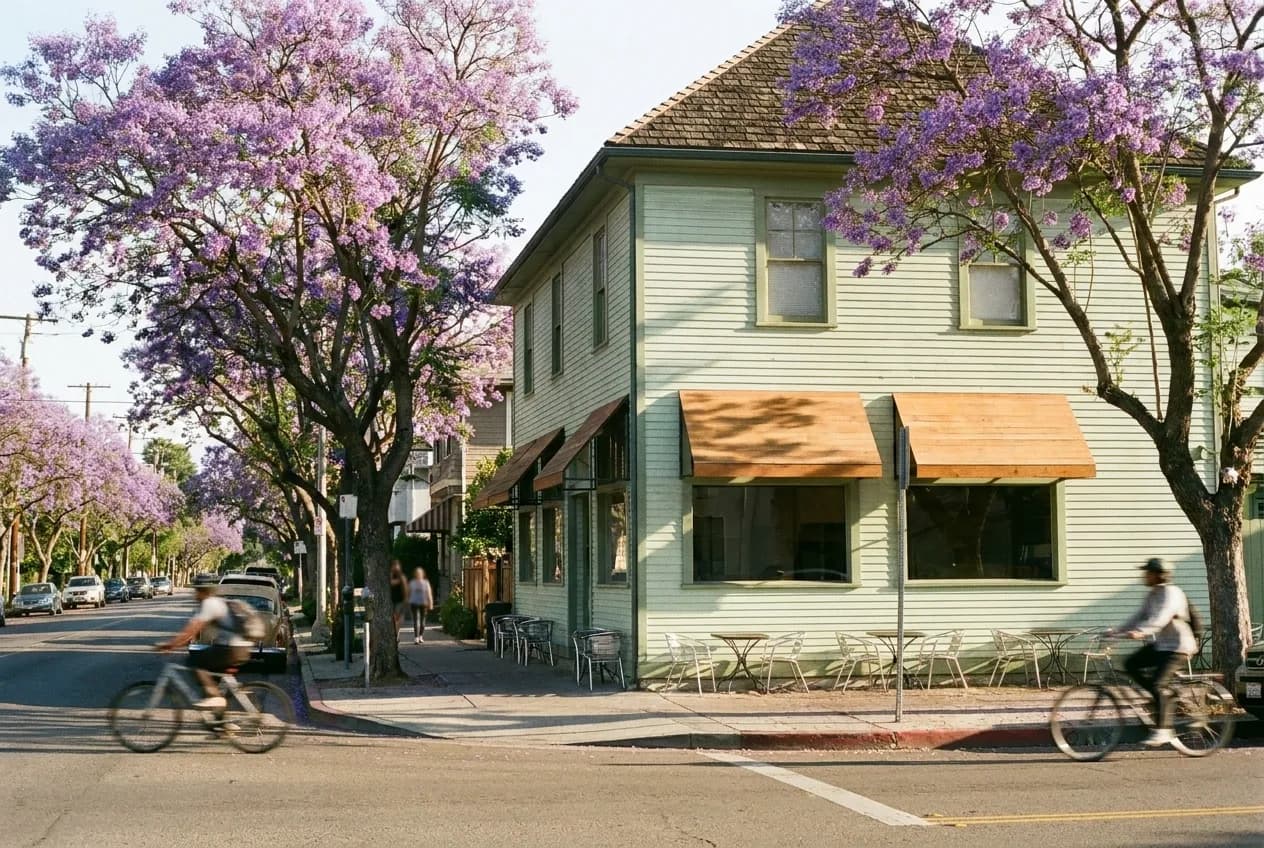 A Los Angeles street in morning light with cafe patios and jacaranda trees