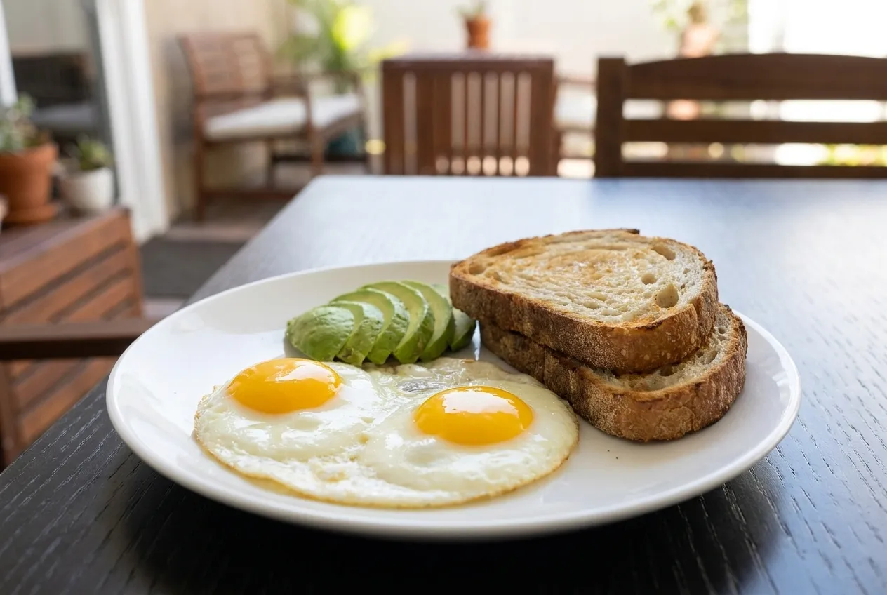 A breakfast plate with eggs, avocado and toast on a patio table