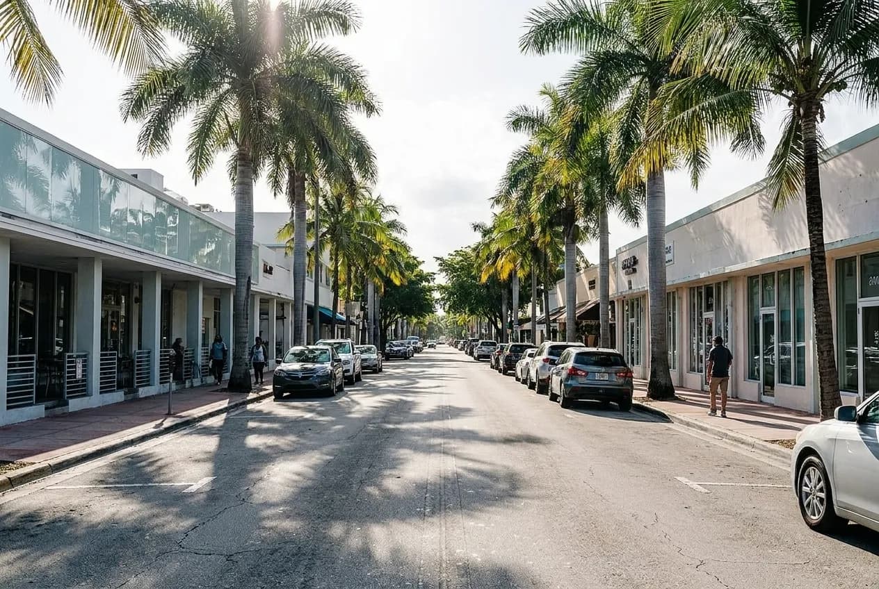 A wide view along a leafy Miami street showing a mix of low-rise storefronts, parked cars, and palm-tree shade dappling the sidewalk in mid-morning light.