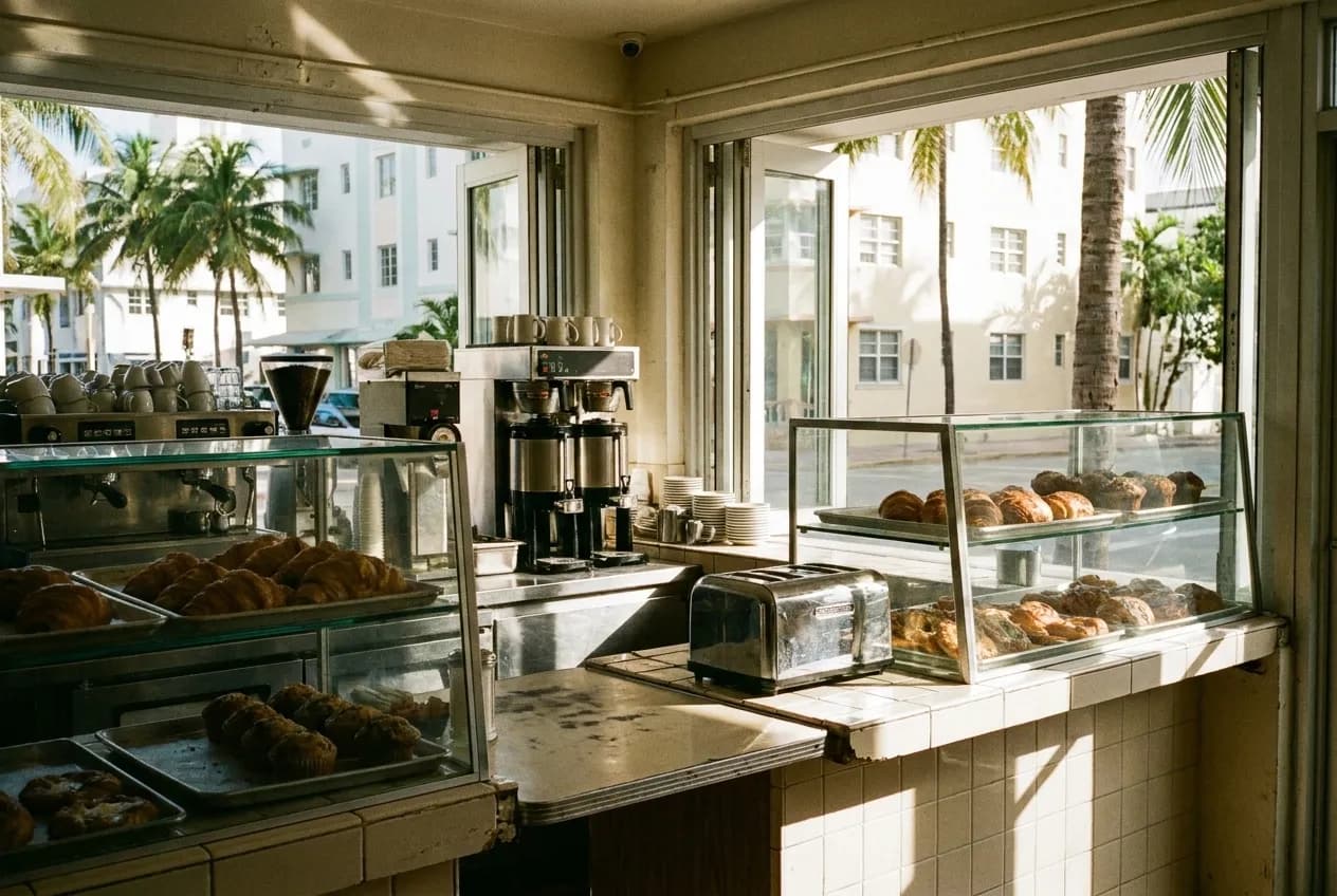 A bright coastal breakfast counter at a South Beach cafe, with pastries displayed under glass domes and morning sun streaming through open street-facing windows.