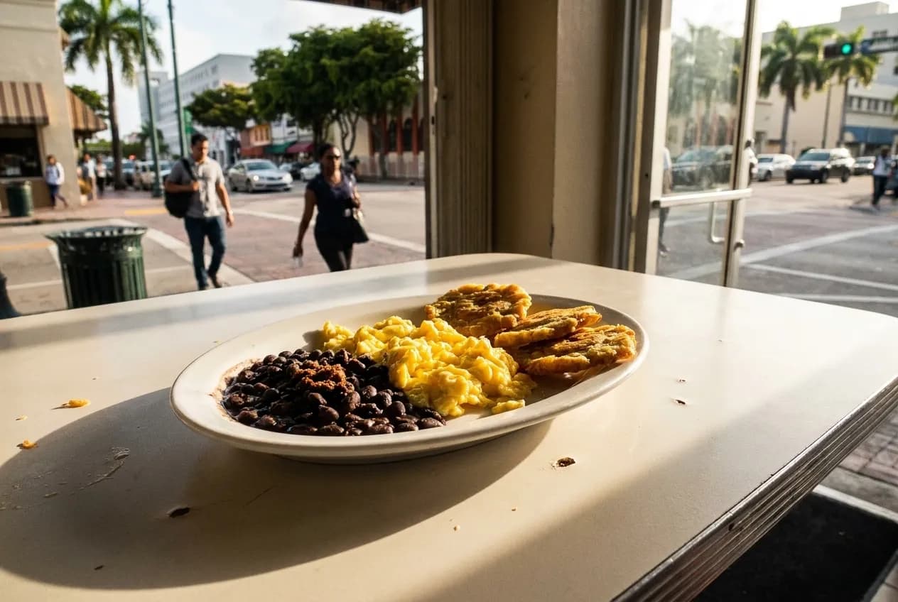 A breakfast plate of scrambled eggs, black beans and crispy tostones arranged on a white oval dish, photographed from above on a clean formica counter.