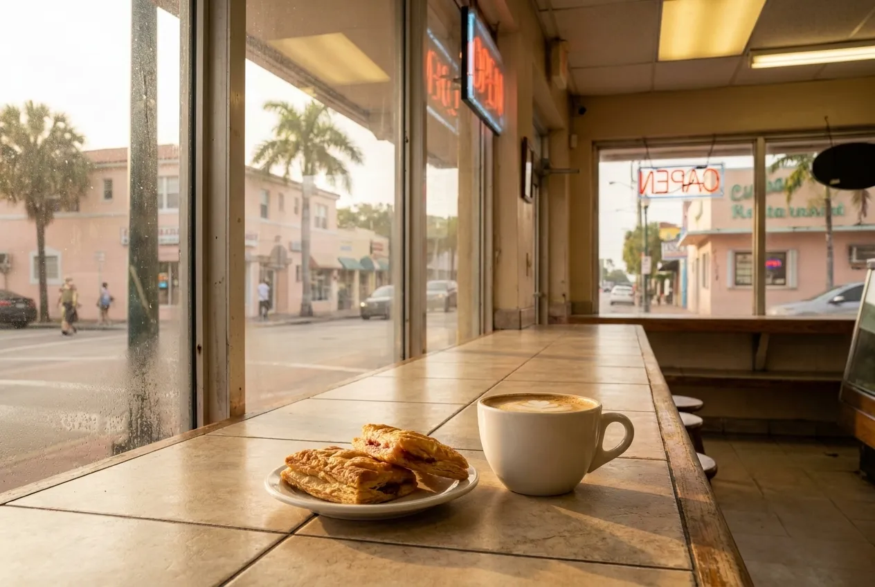 A café con leche in a white ceramic cup beside guava pastries on a small plate, morning light streaming through a Cuban bakery window onto a tiled countertop.