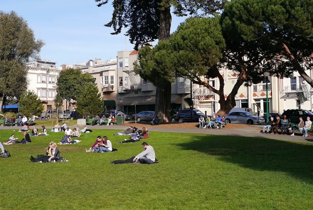 A morning street scene of low buildings and a church tower above a small park in San Francisco