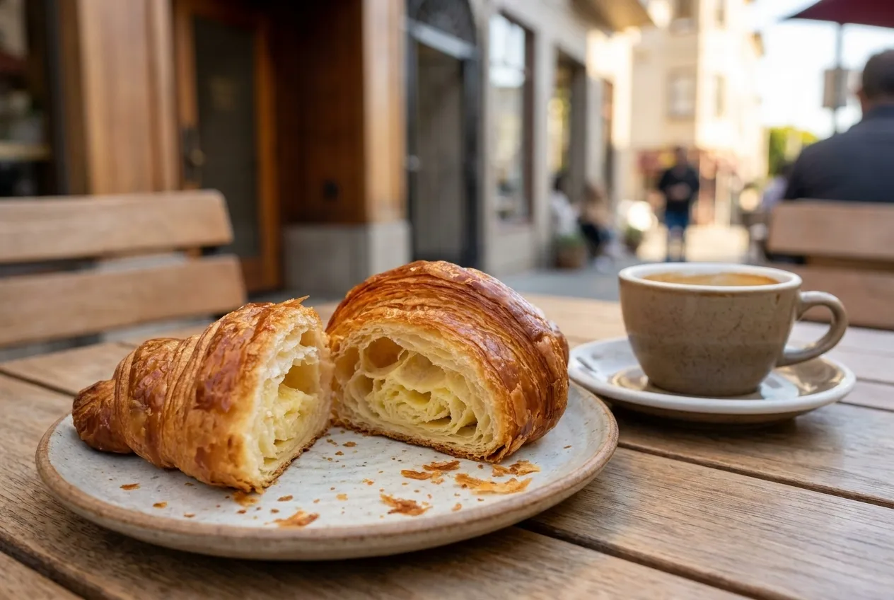 A flaky croissant split open on a plate beside an espresso cup