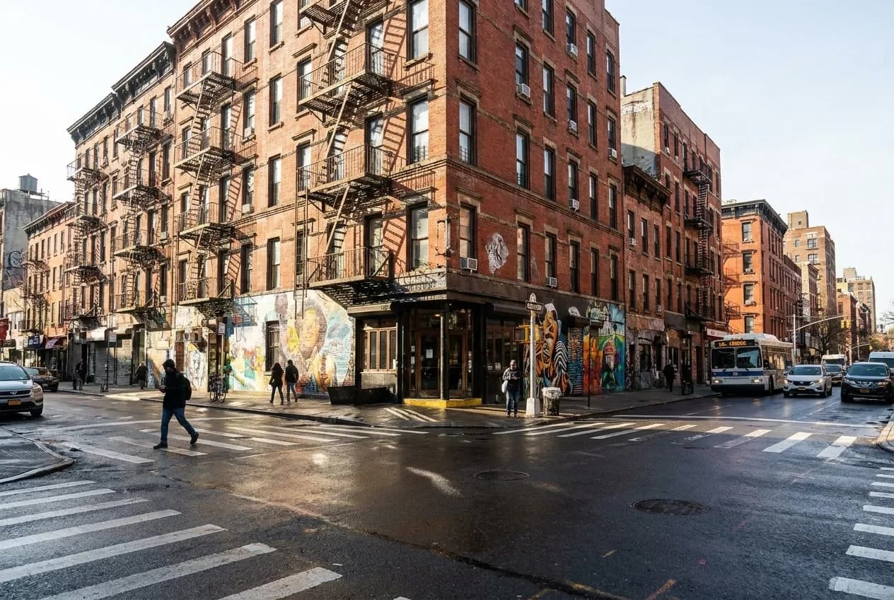 Wide Lower East Side street corner with fire escapes, brick facades, and morning light over Rivington Street near Essex restaurant.