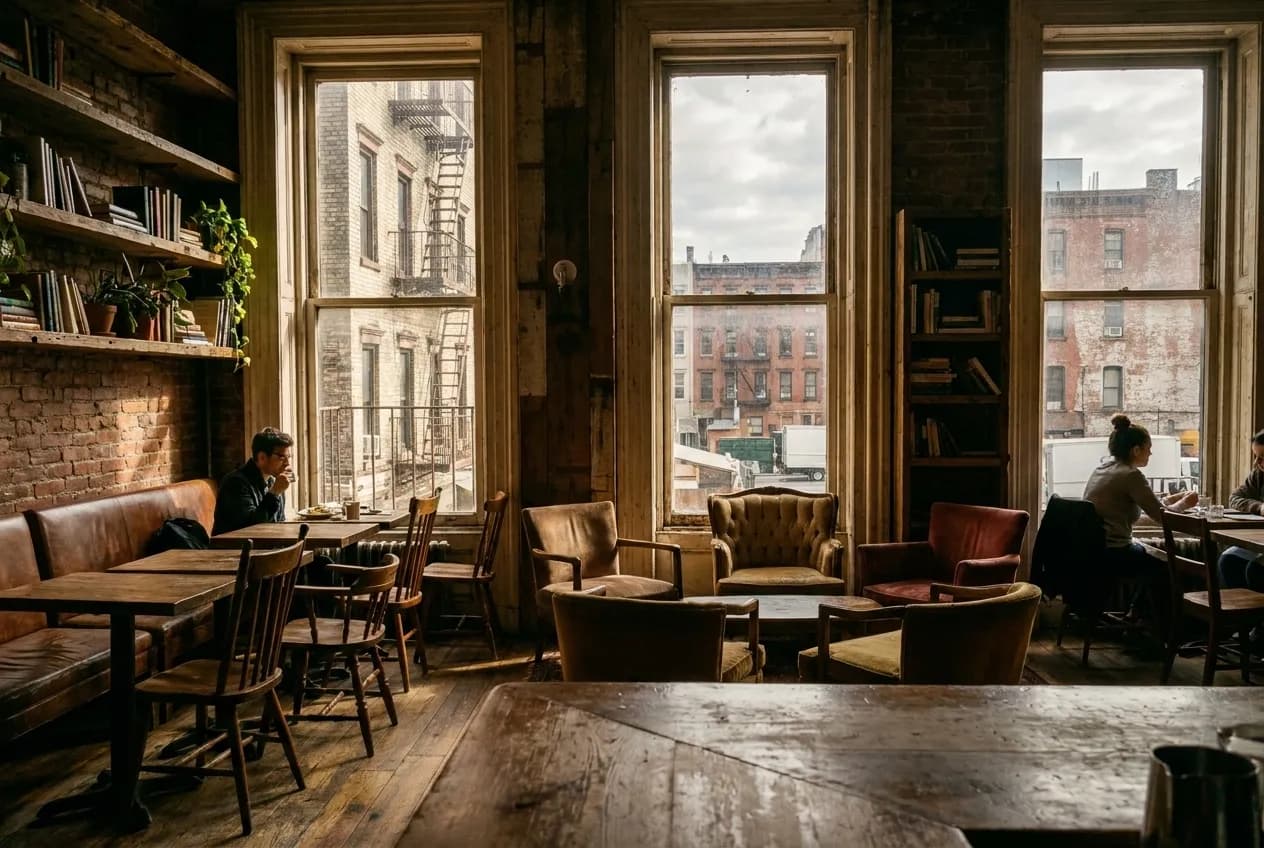 Warm café interior with vintage armchairs, small tables, and soft daylight filtering through tall windows, creating intimate corners for conversation.
